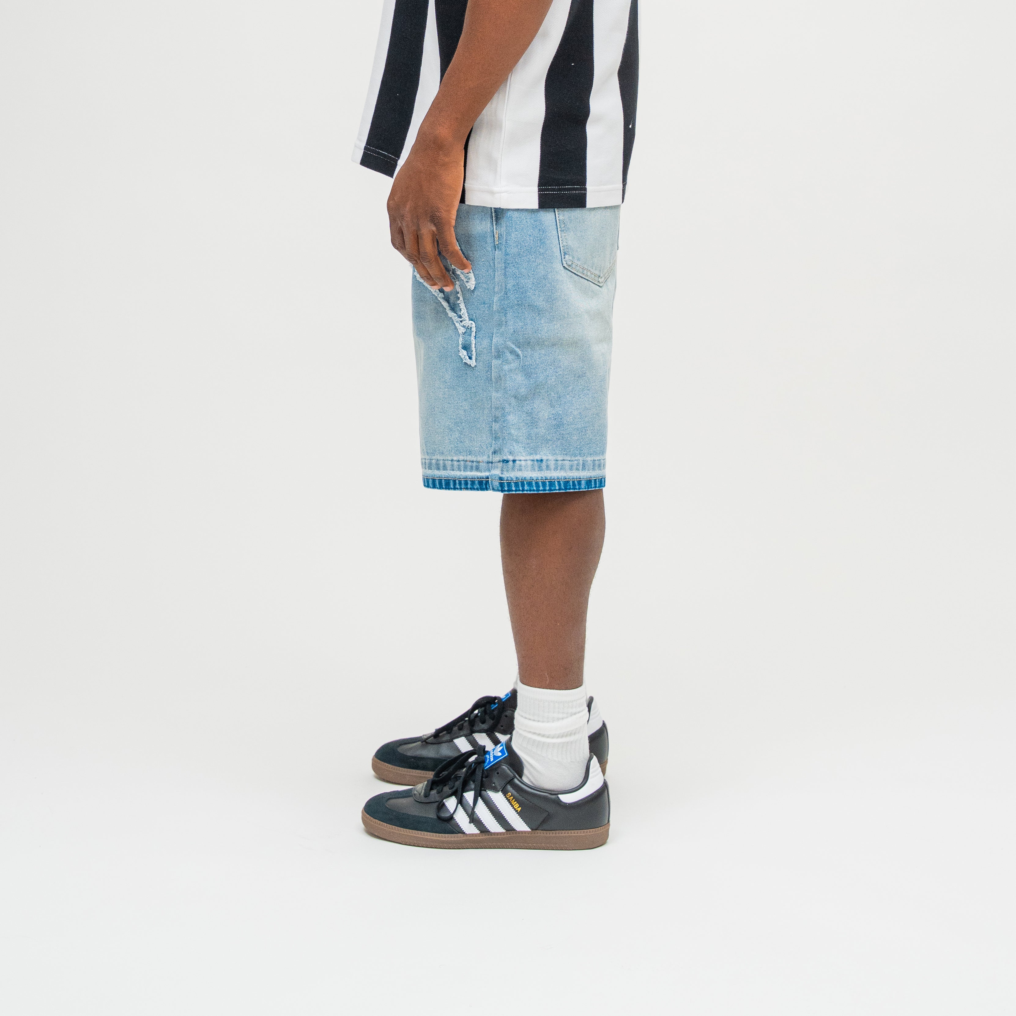 CAMPUS GOODS LA Applique Denim Short in Blue, back view