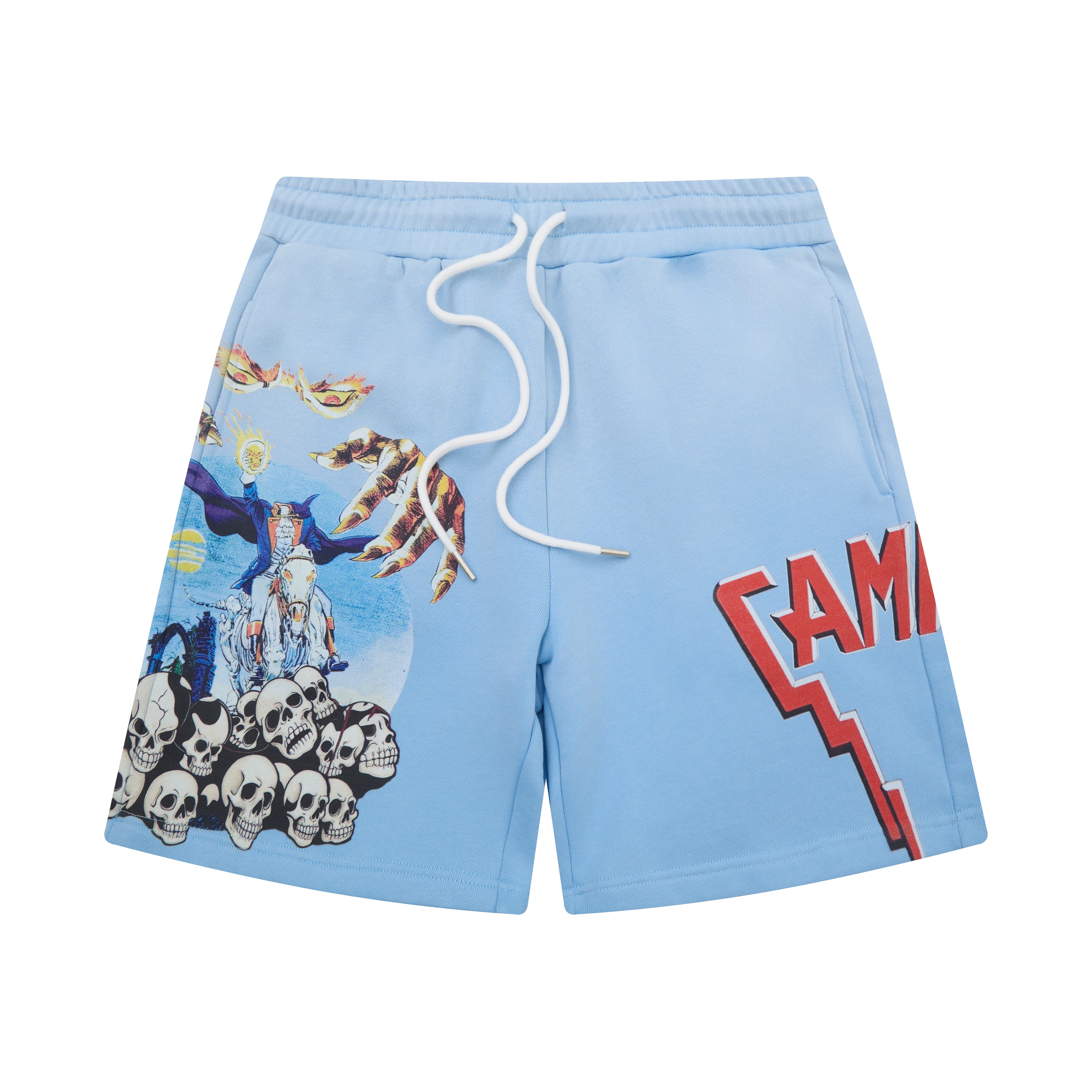 Light blue shorts with graphic designs on a white background