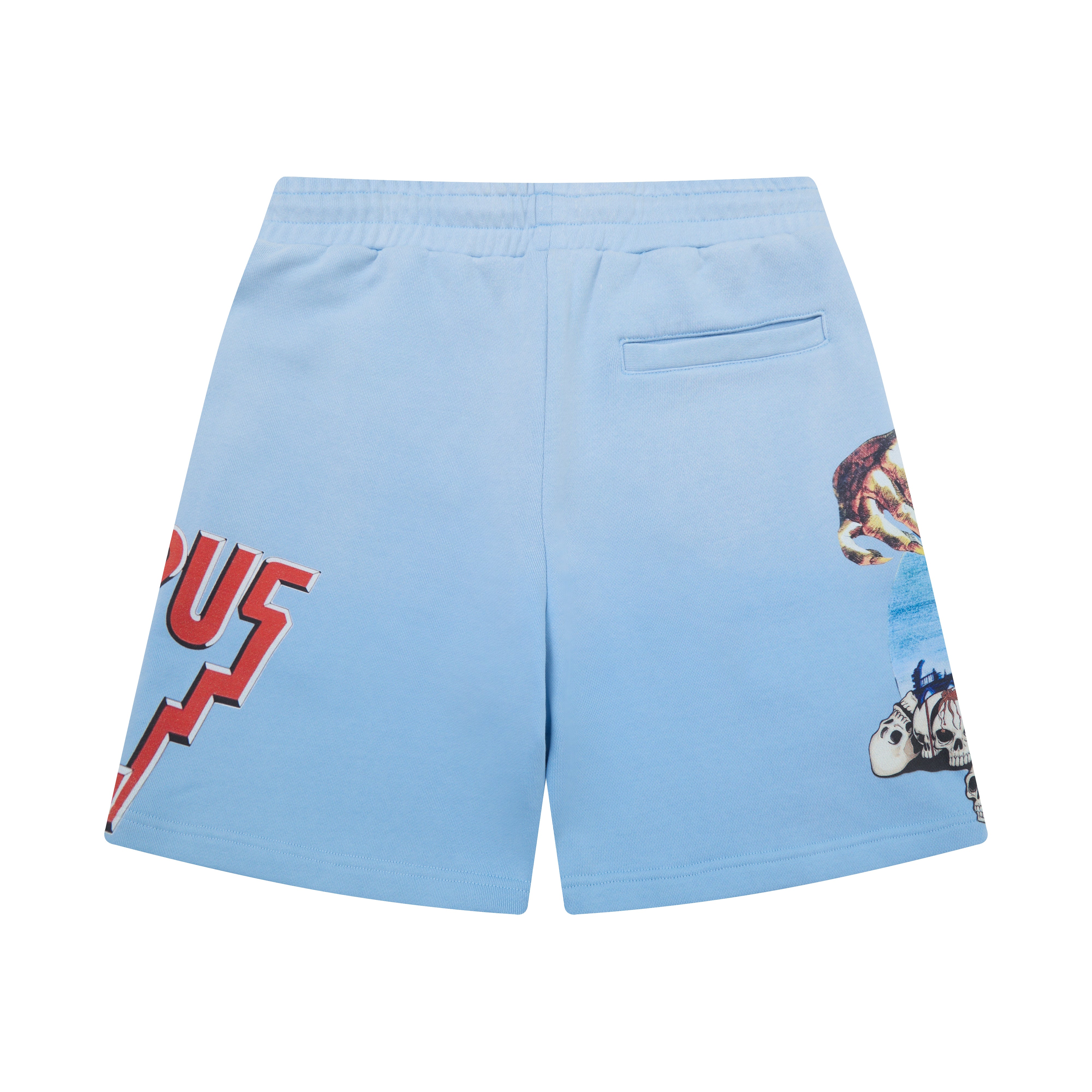 Light blue shorts with graphic designs on a white background