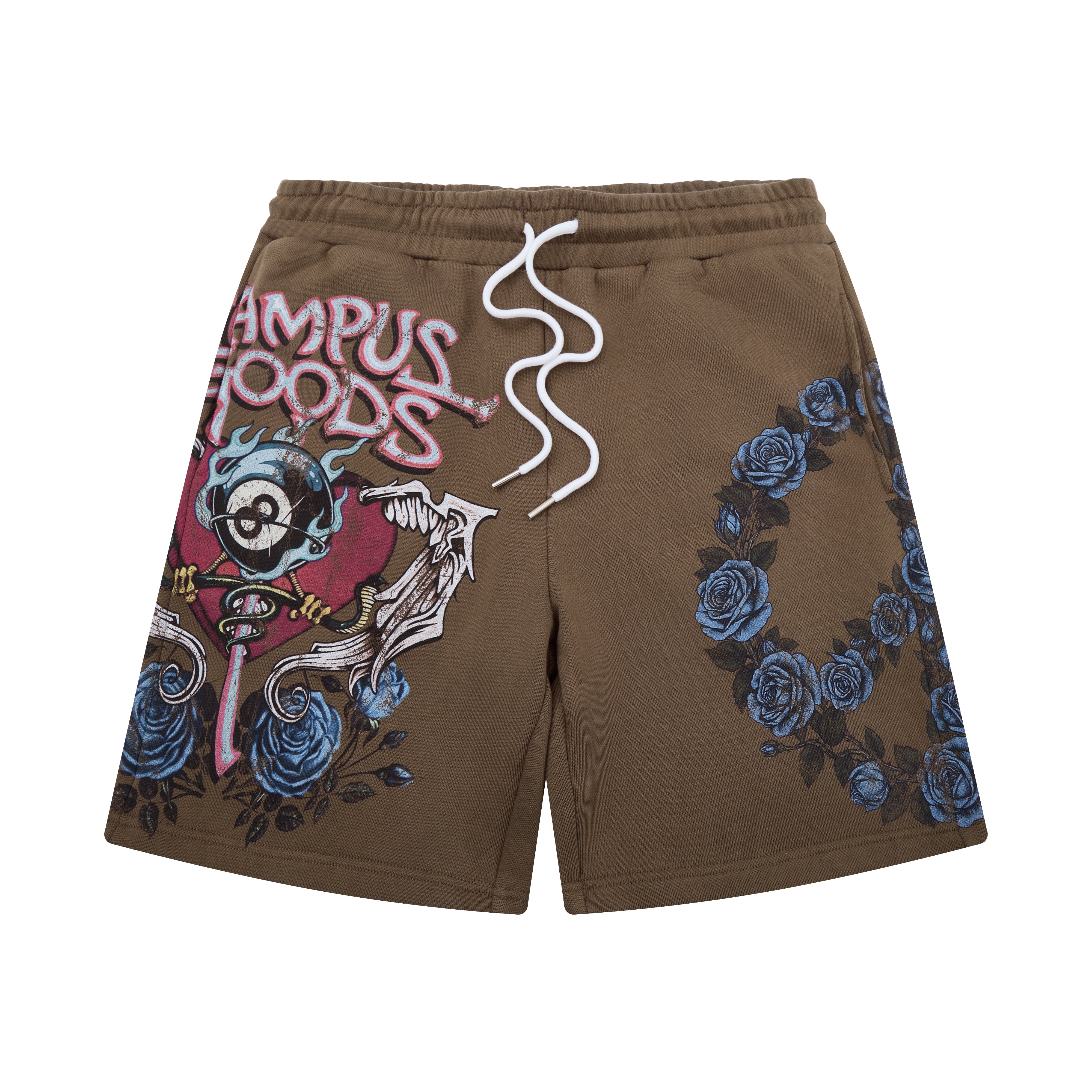 Brown shorts with graphic designs and text on a white background