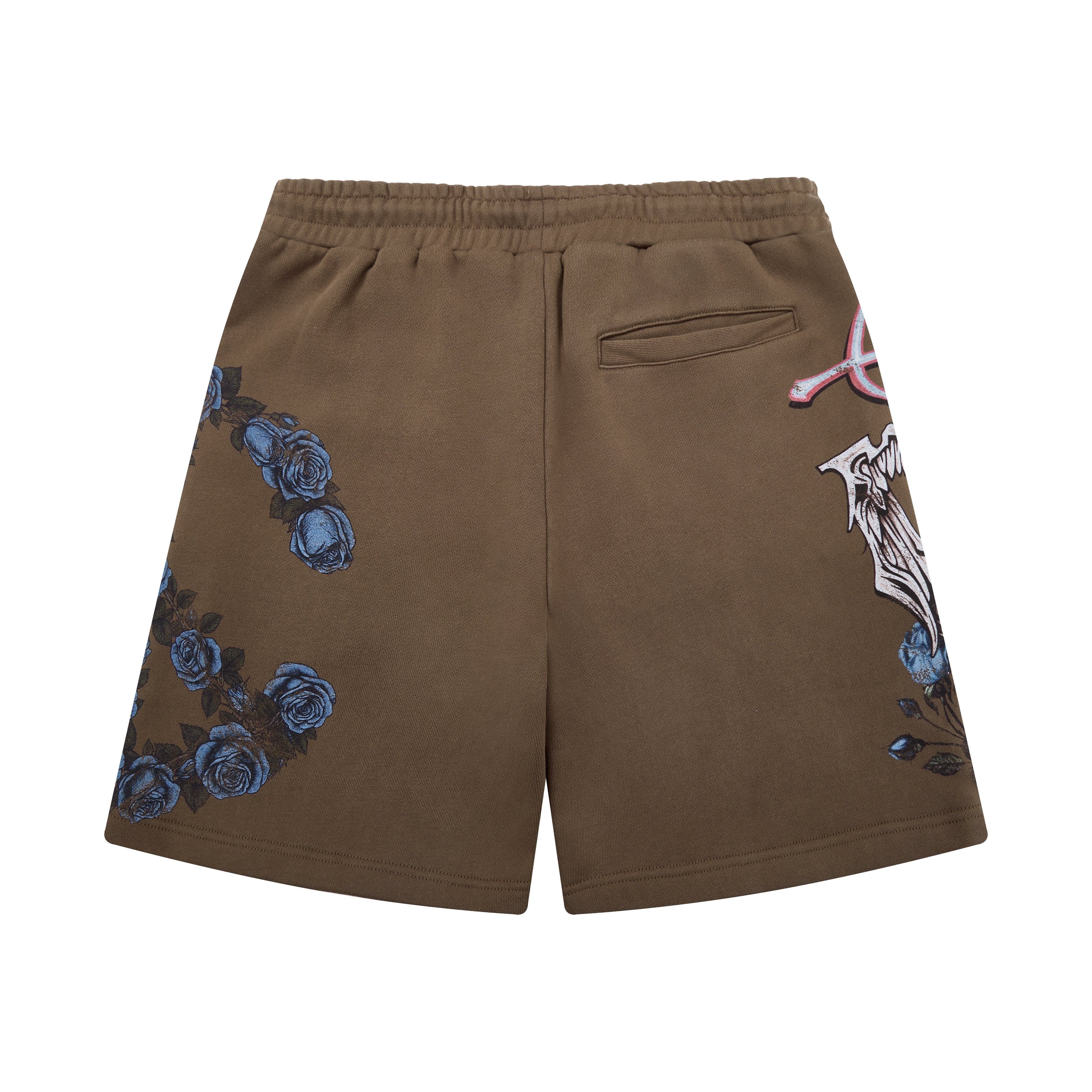 Brown shorts with floral designs on a white background