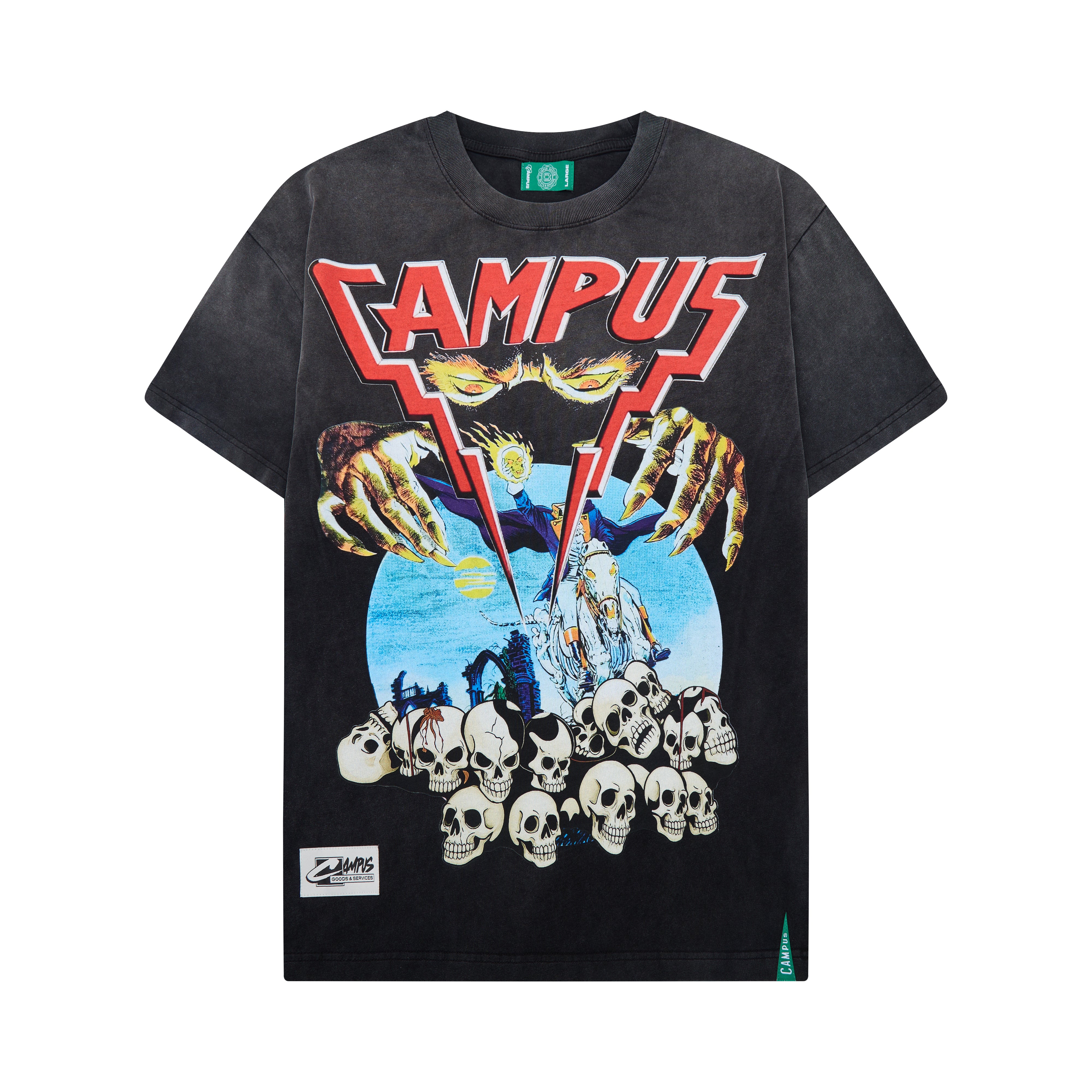 Black t-shirt with colorful graphic design featuring skulls and text on a white background