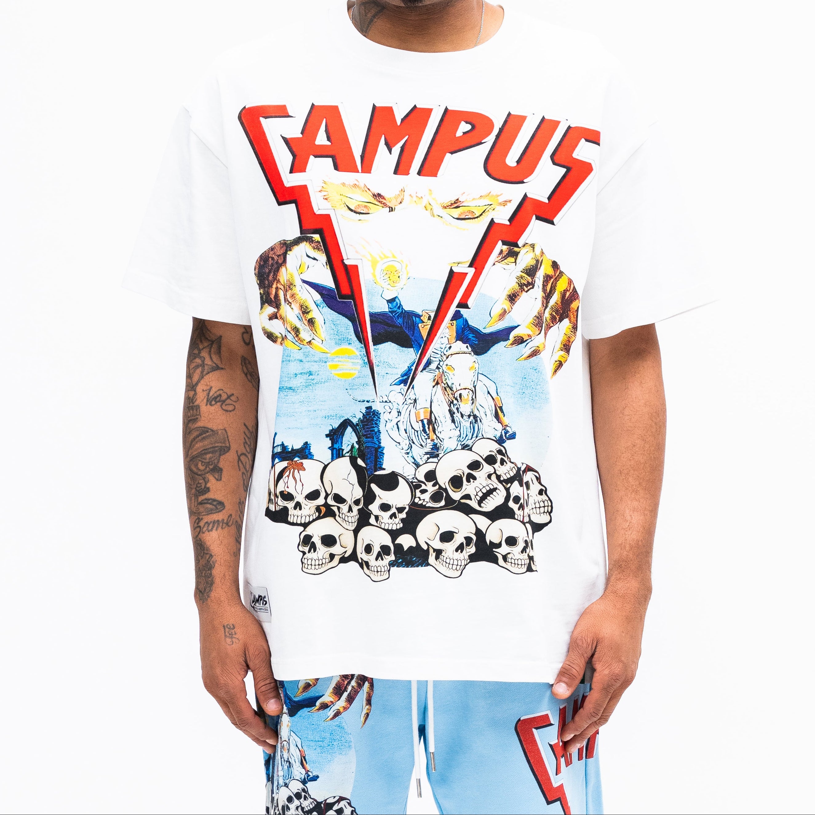 Person wearing a white t-shirt with colorful CAMPUS graphics and text on a white background