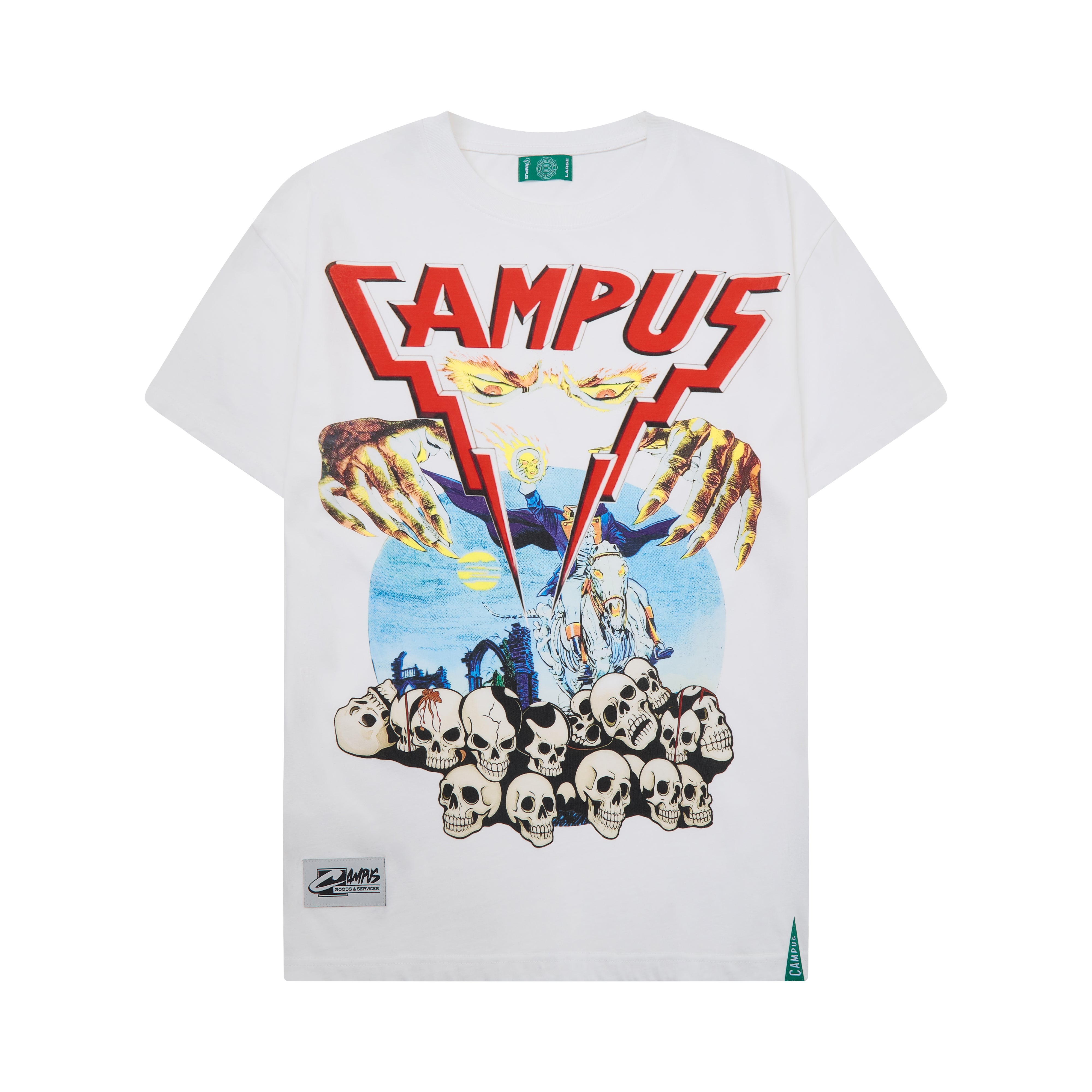 White t-shirt with colorful graphic design featuring skulls and 'CAMPUS' text on a white background