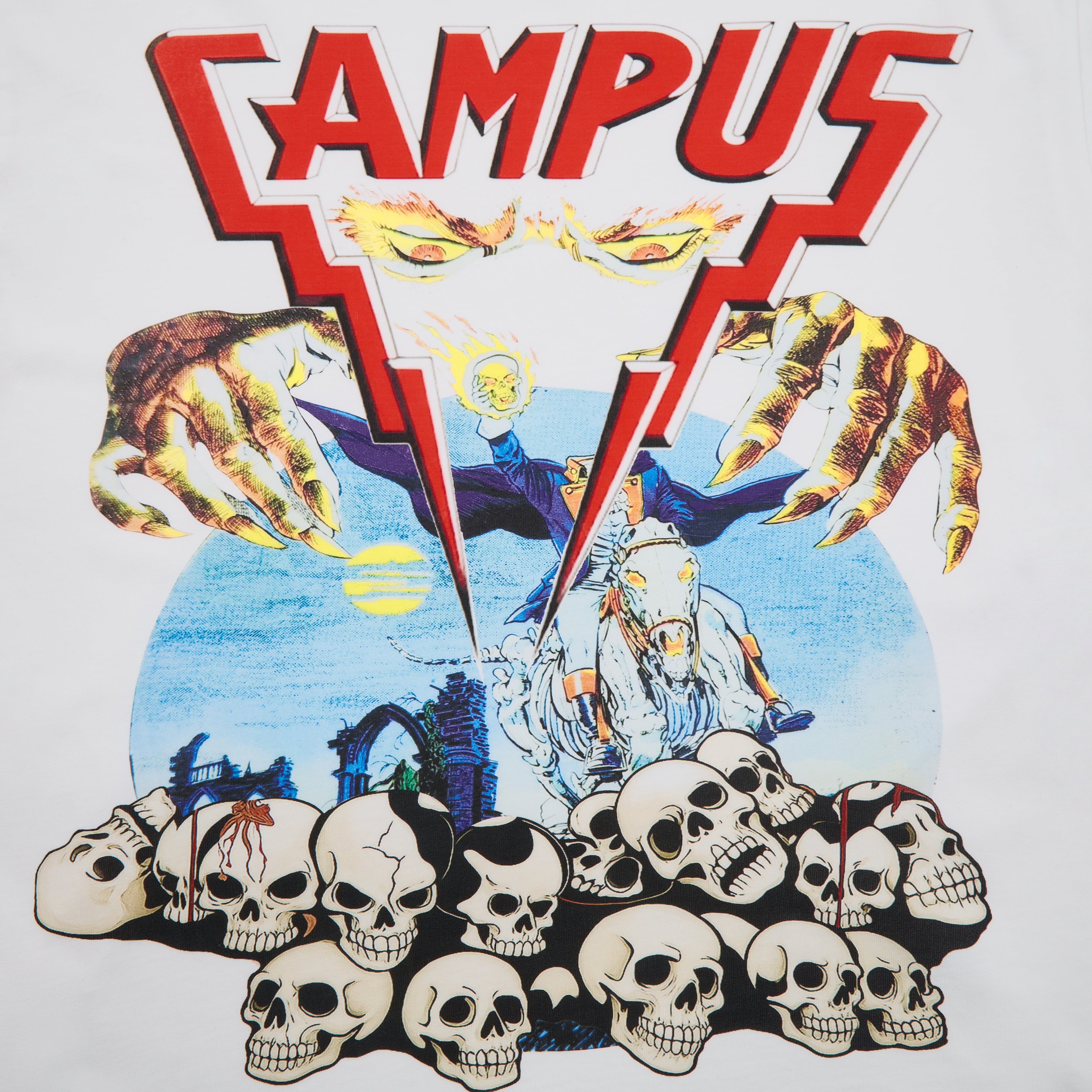 White t-shirt with 'CAMPUS' at the top, featuring a central figure on a horse with clawed hands and skulls below.