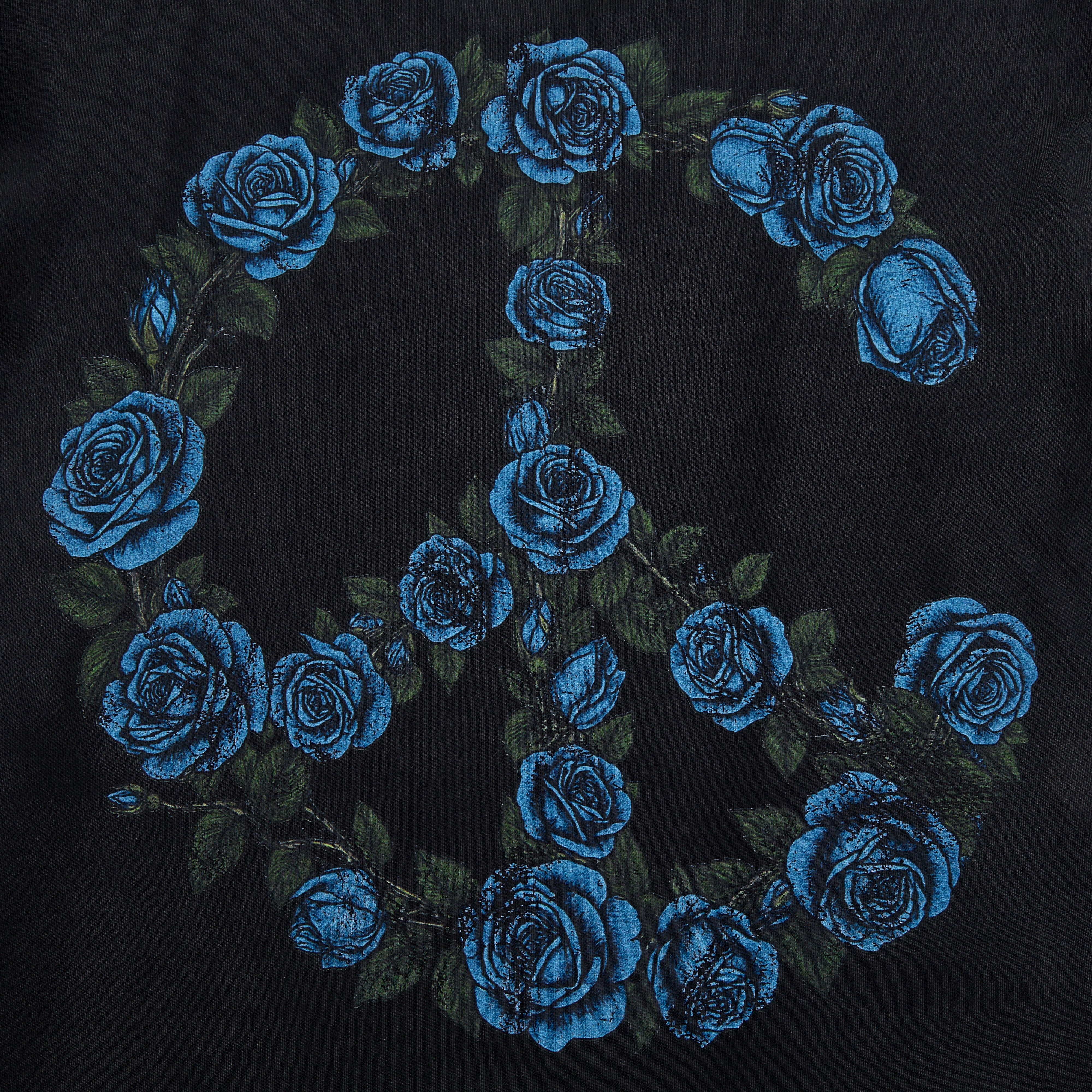 Blue roses embroidered on a black fabric background