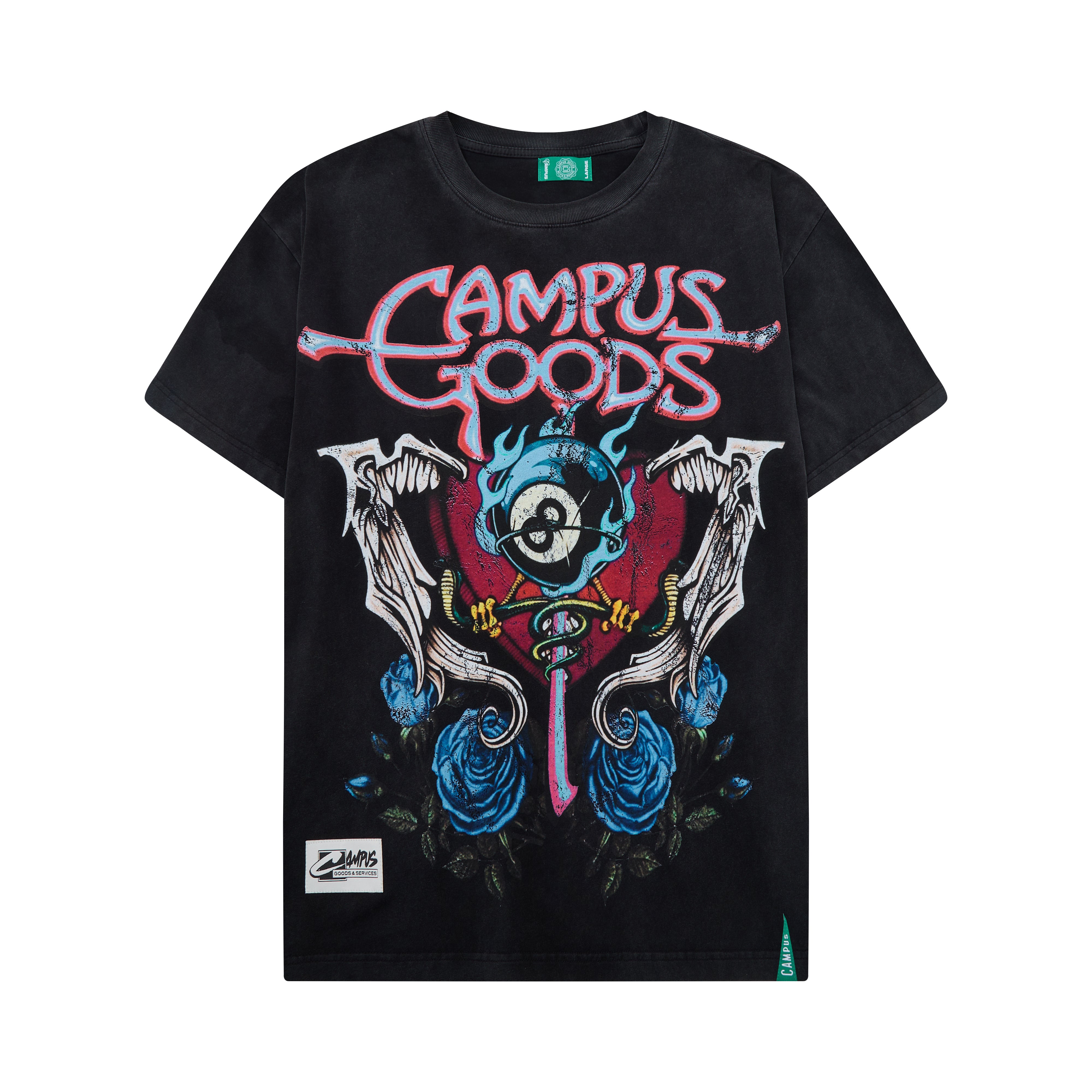 Black t-shirt with colorful graphic design and 'Campus Goods' text on a white background