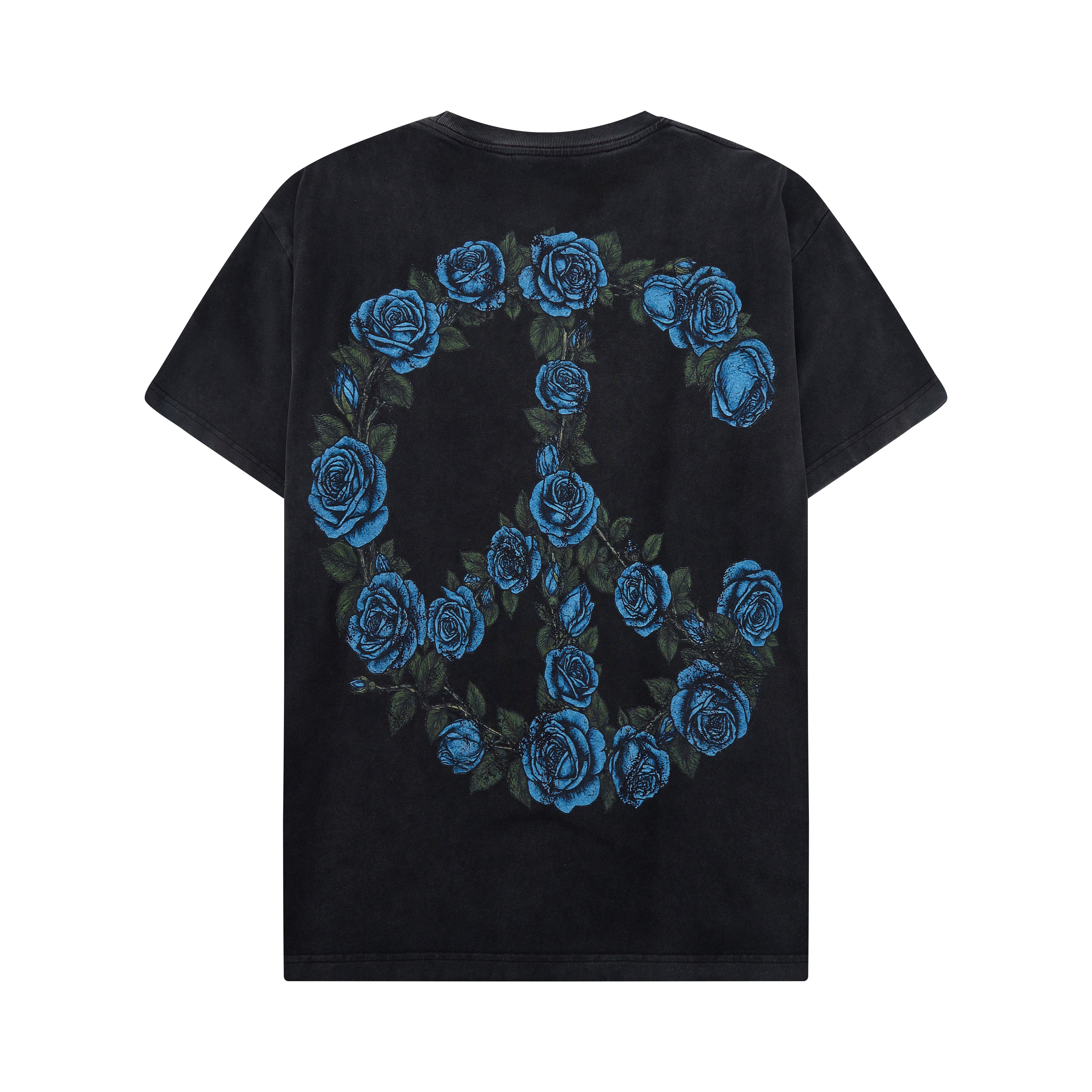 Black t-shirt with blue rose peace symbol design on a white background