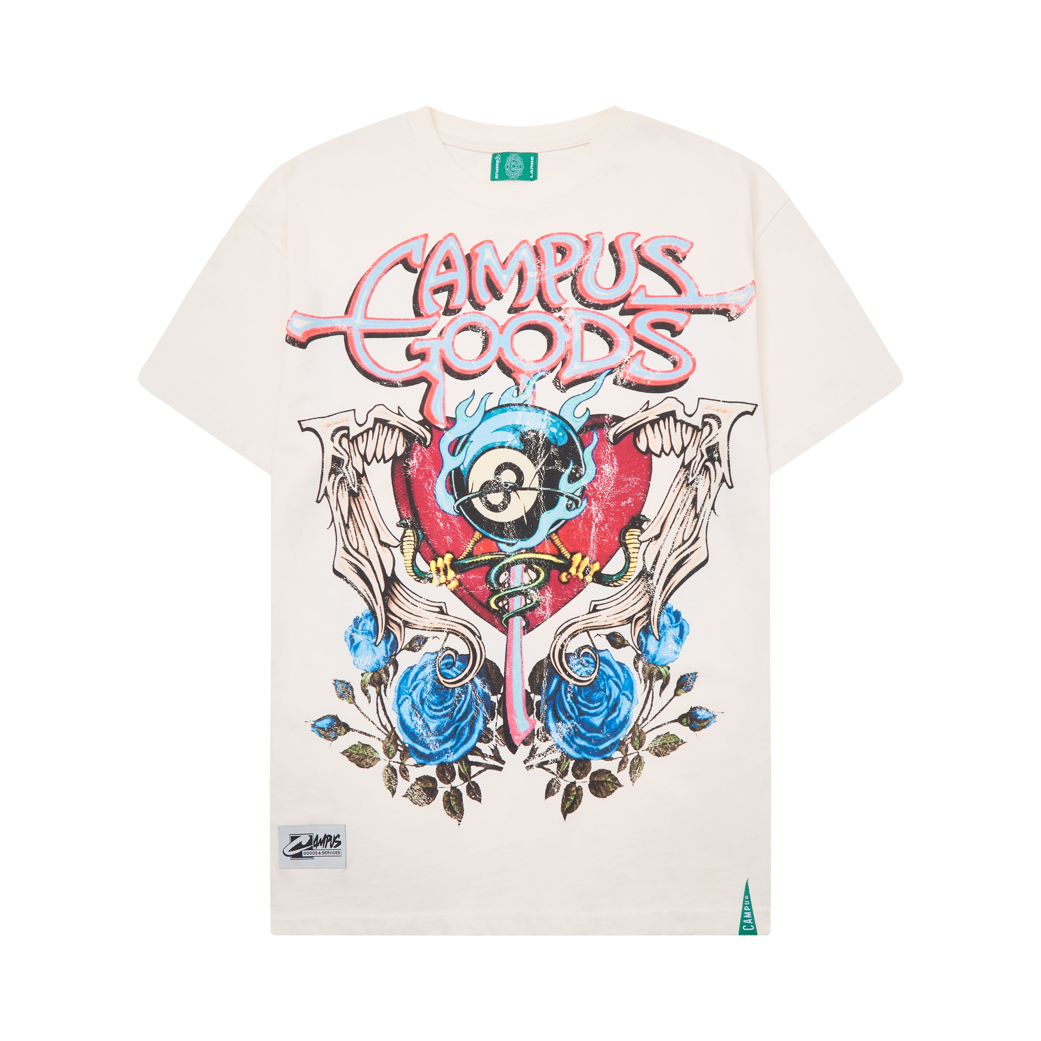 White t-shirt with colorful graphic design and 'Campus Goods' text on a white background