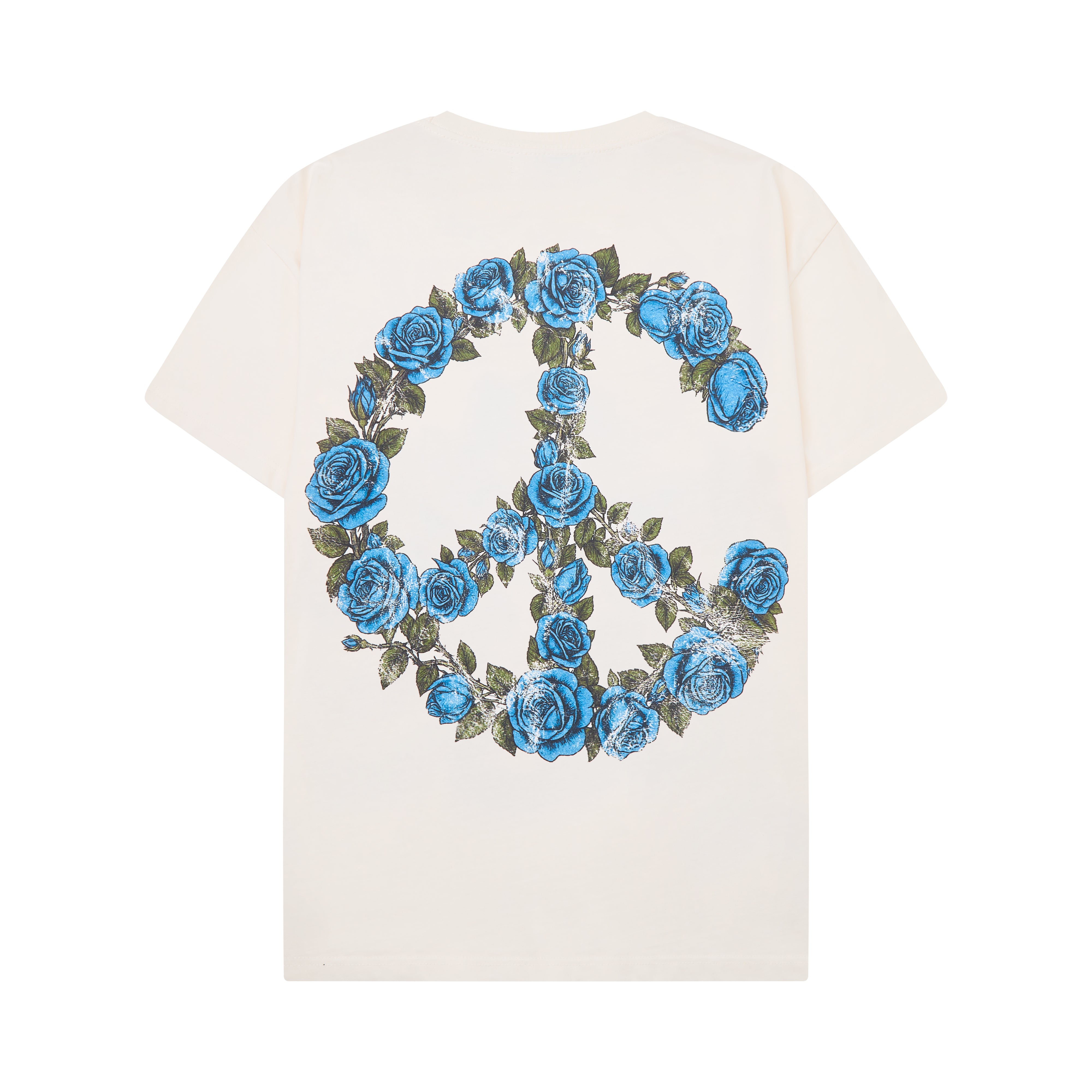 White t-shirt with blue floral peace symbol design on a white background