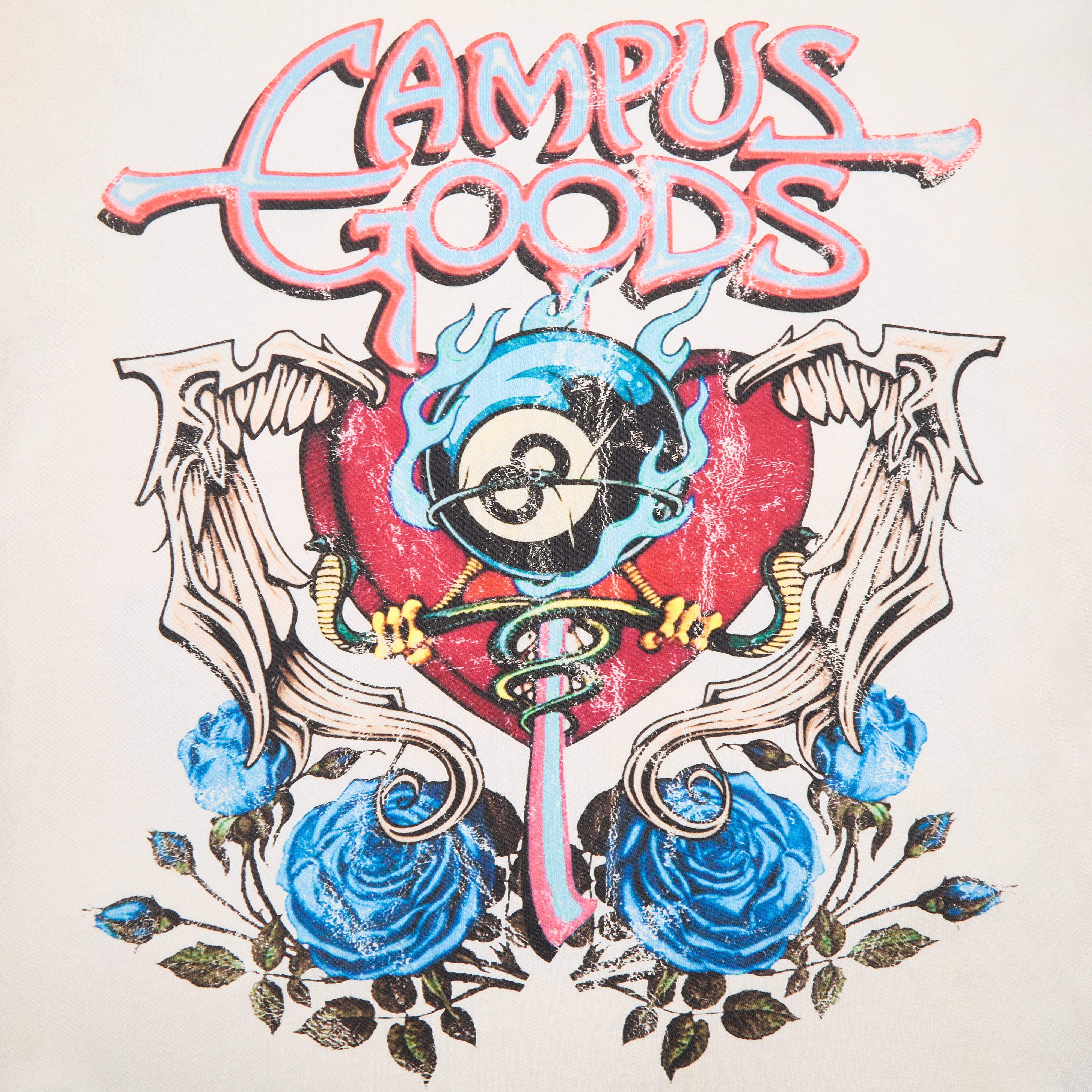 Vintage-style graphic with 'Campus Goods' text and decorative elements on a light background