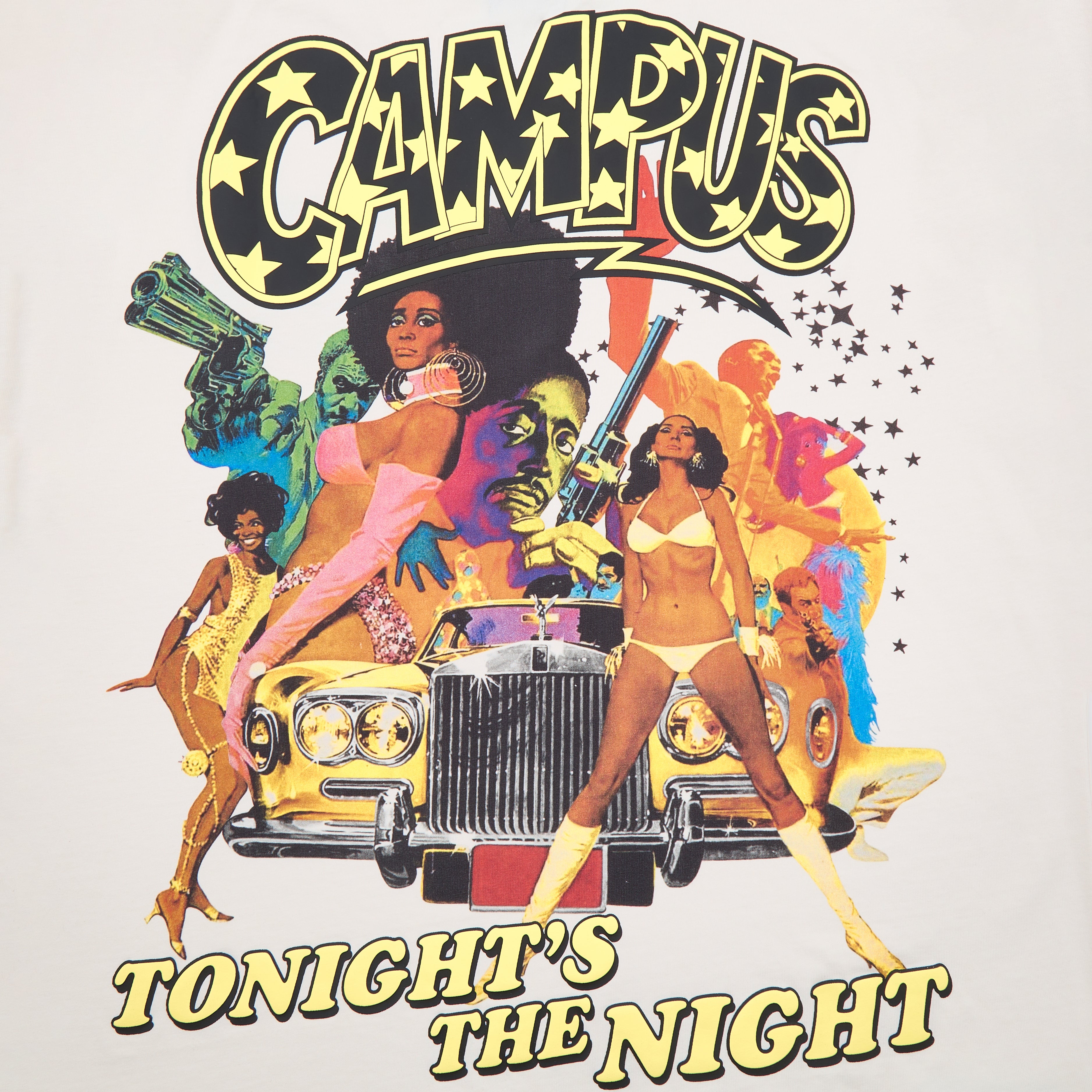 Vintage-style poster with a woman holding a gun, titled 'Campus Tonight's the Night'.