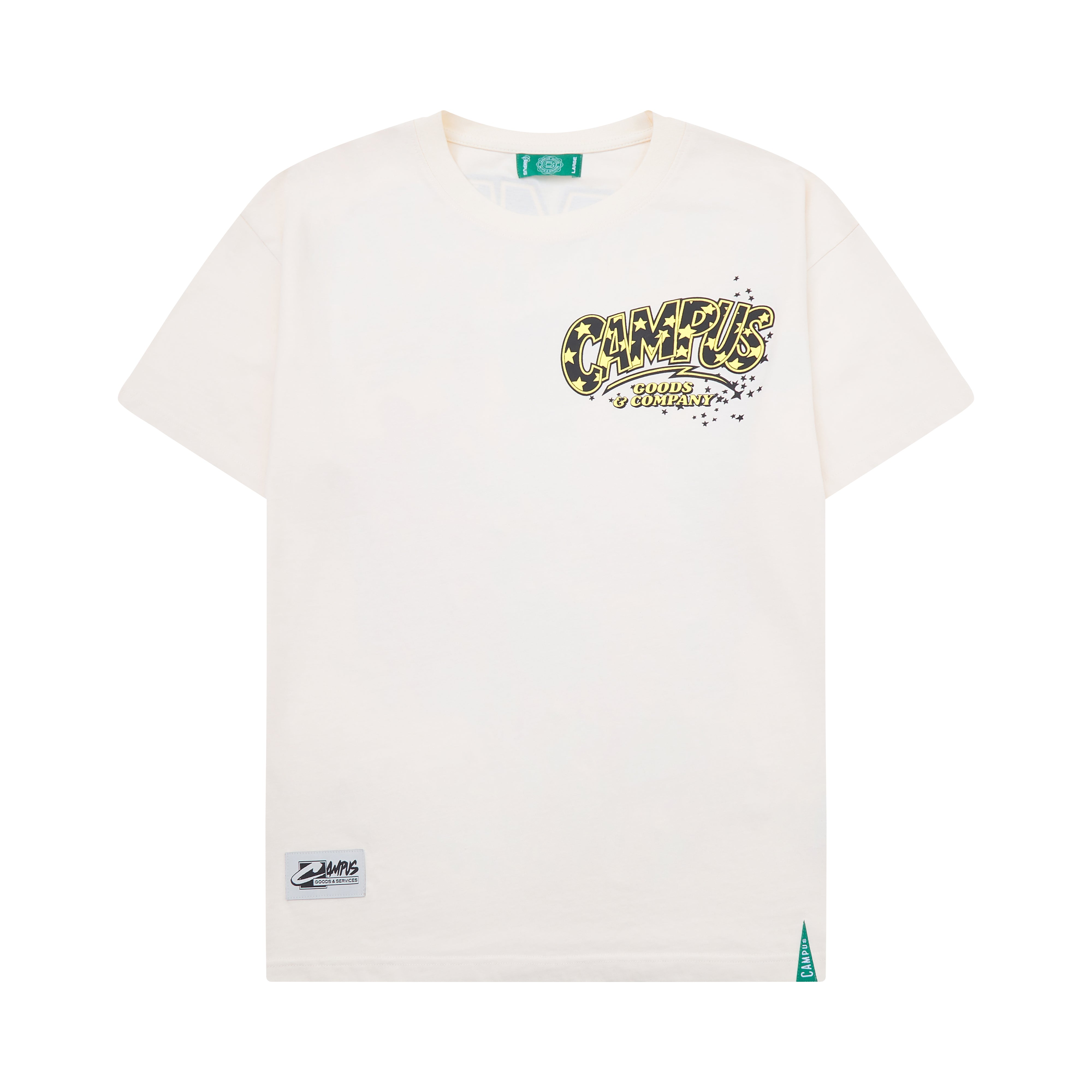White t-shirt with 'Campus' graphic design on a white background