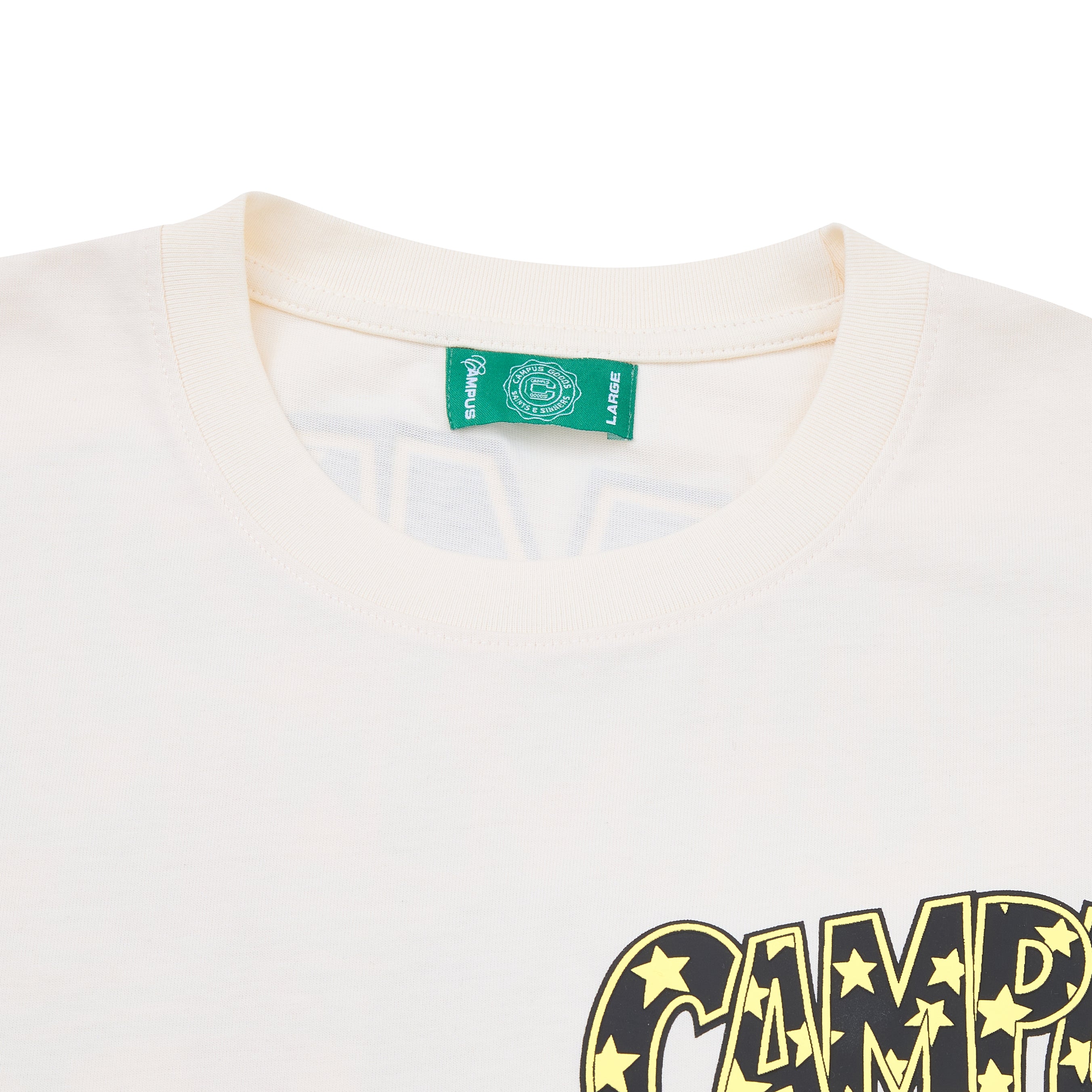 White t-shirt with yellow 'CAMPUS' graphic and green label on a white background