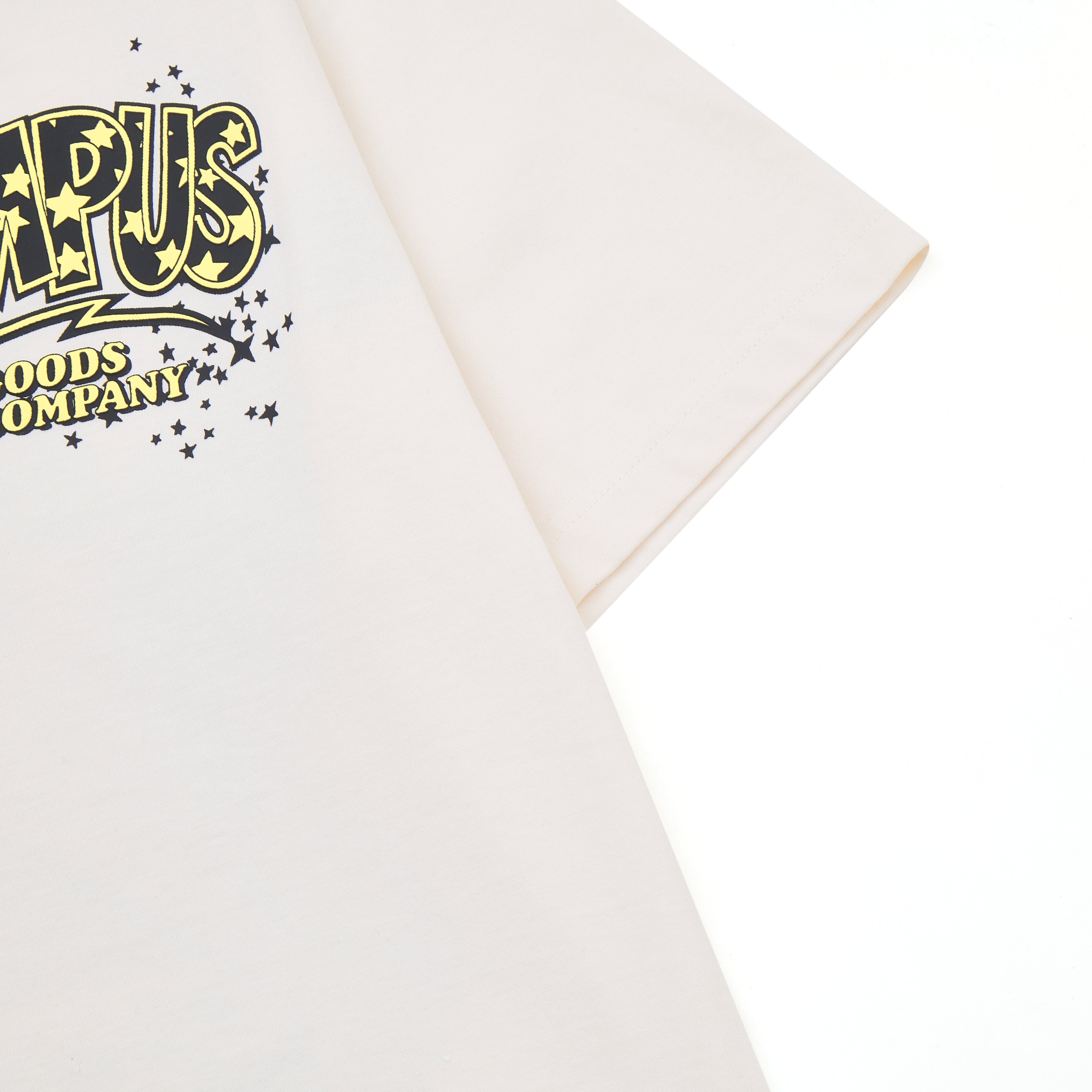 White t-shirt with a yellow and black logo on a white background
