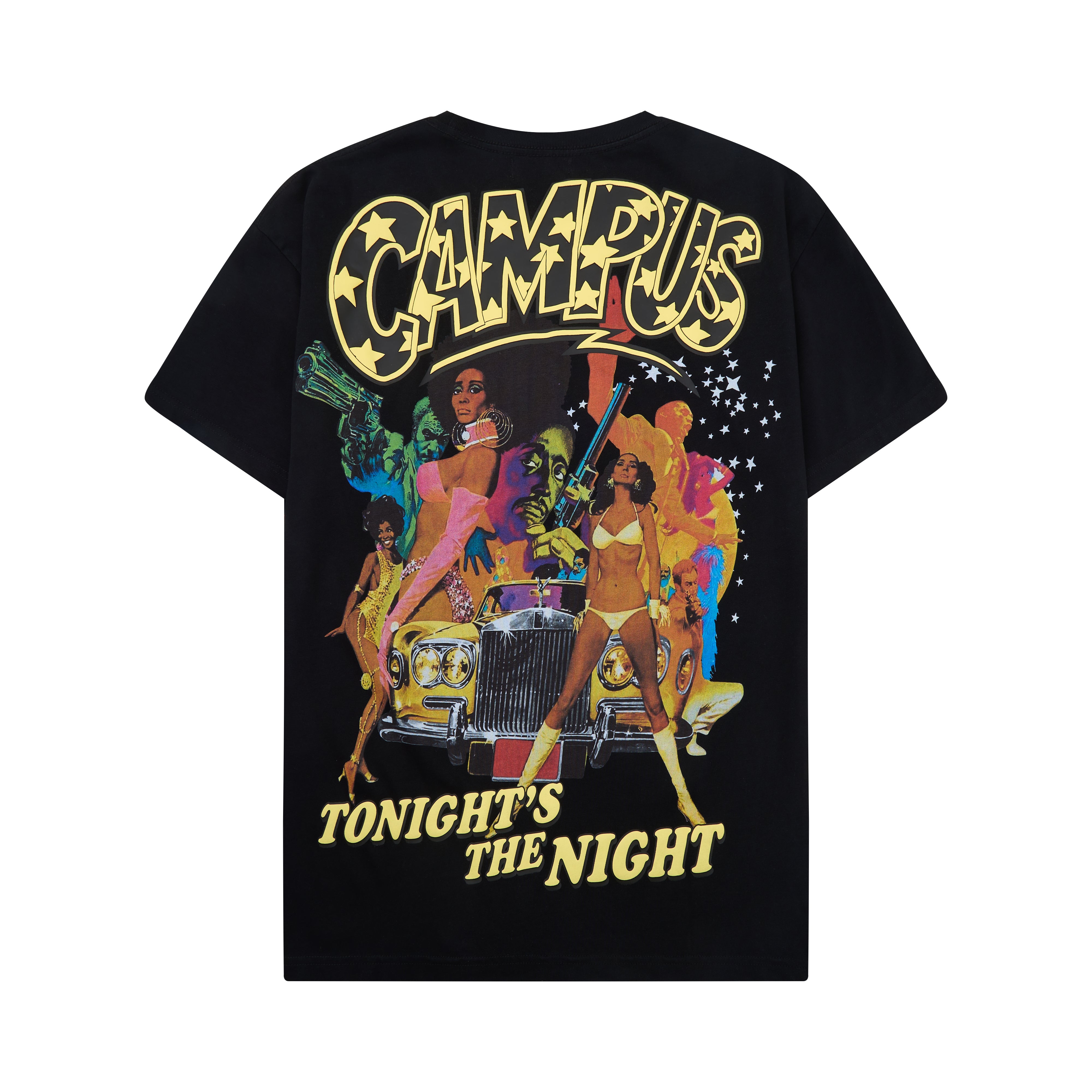 Black t-shirt with colorful graphic design and 'Campus Tonight's the Night' text on a white background