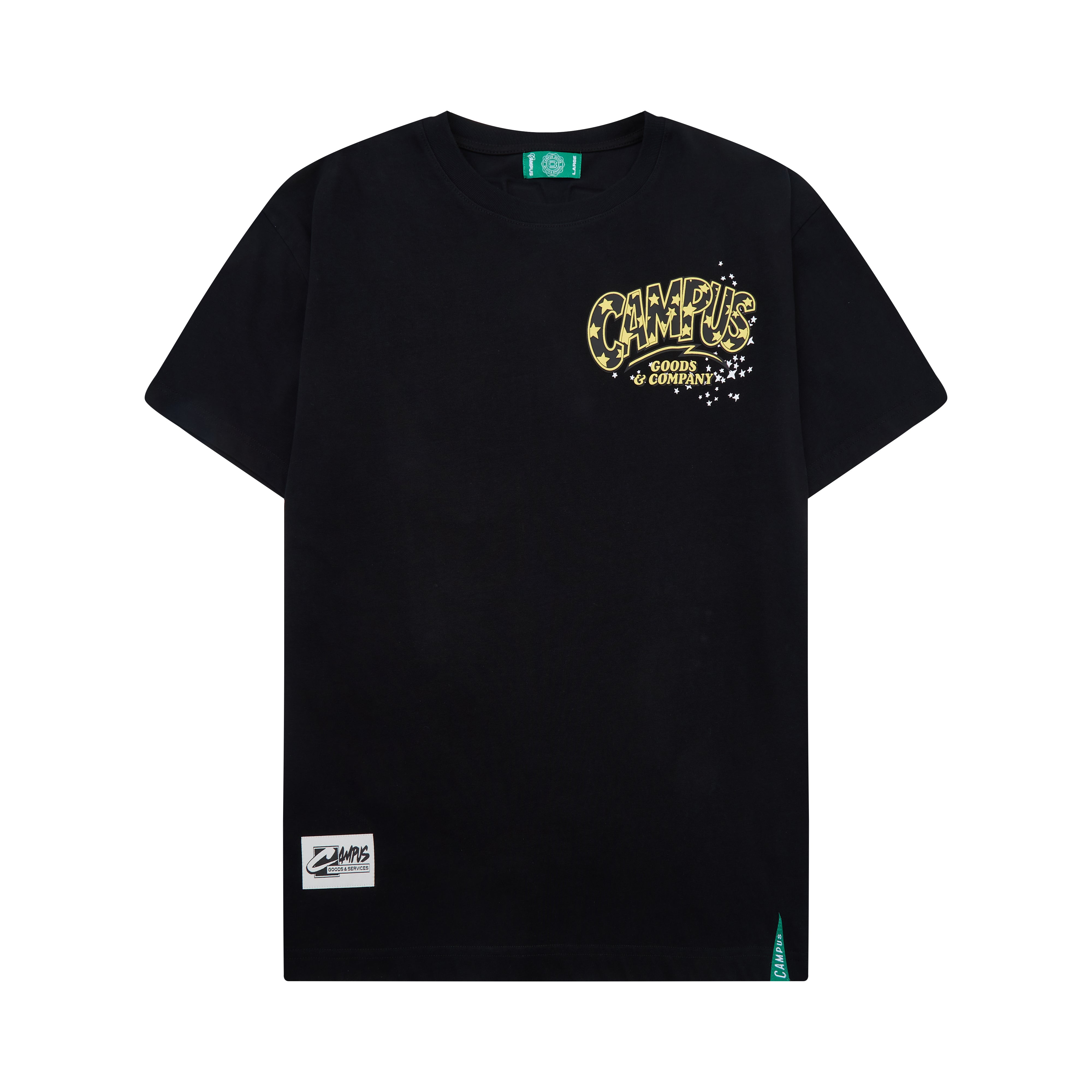 Black t-shirt with yellow and white text on a white background
