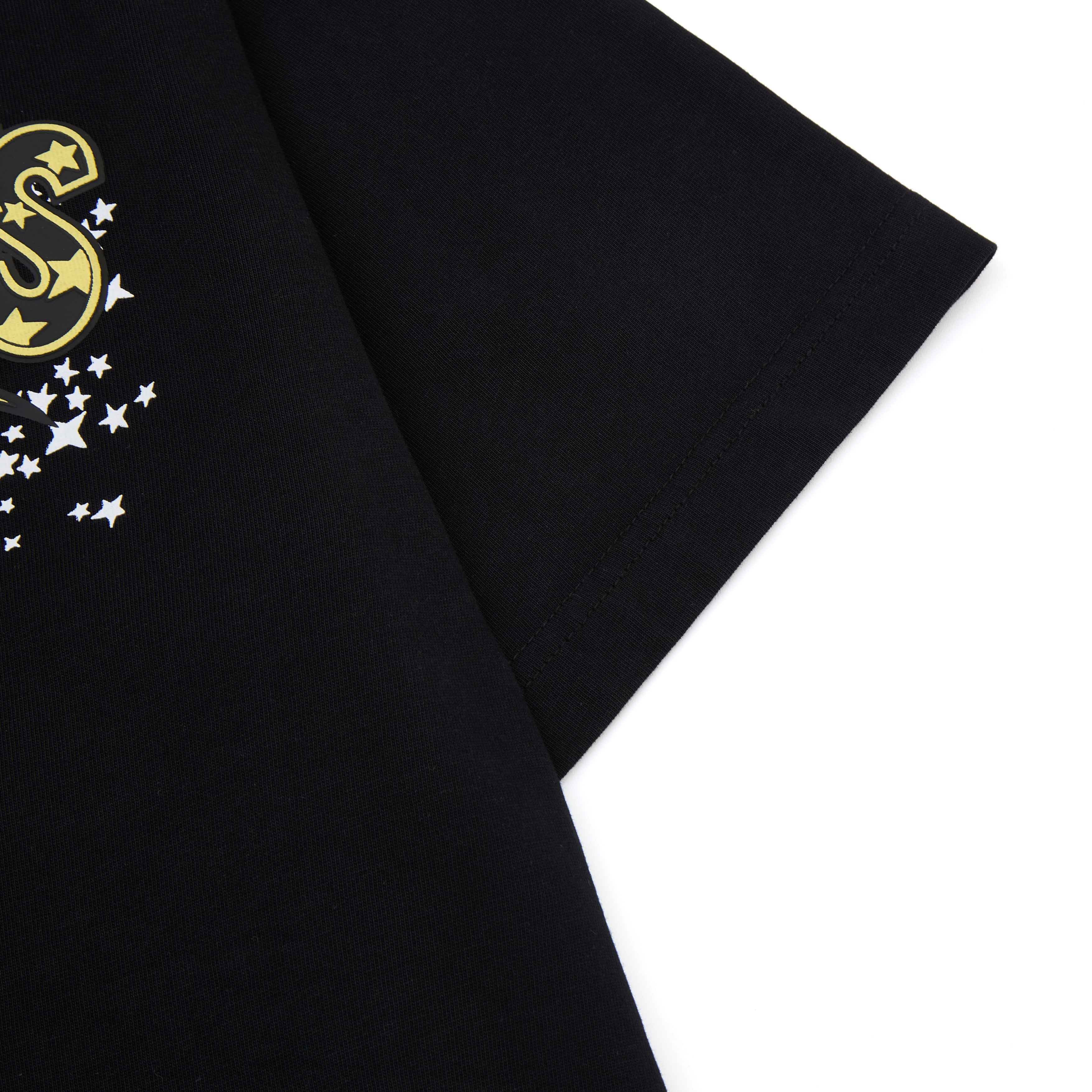 Black fabric with gold and white print on a white background