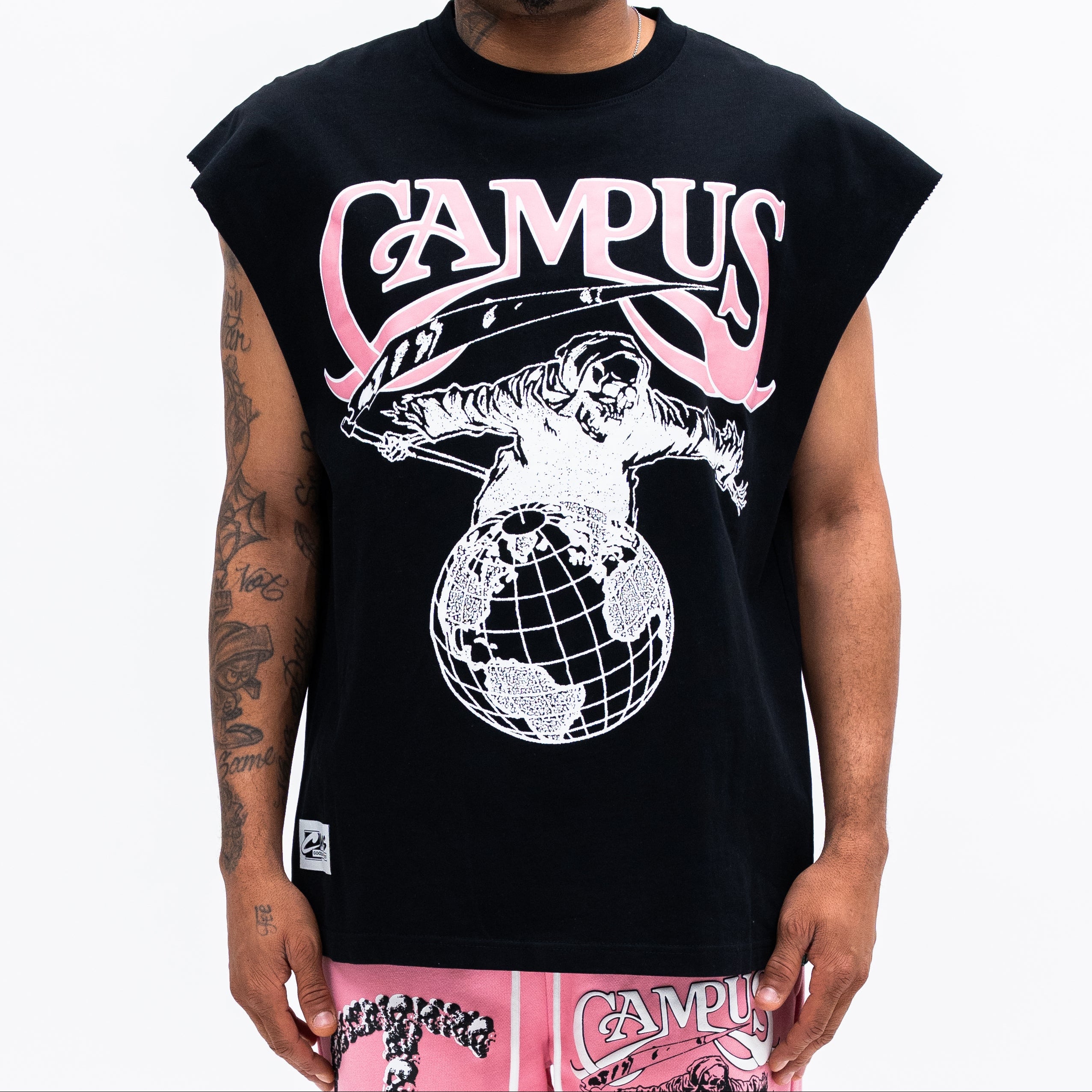 Person wearing a black sleeveless shirt with 'CAMPUS' branding on a white background