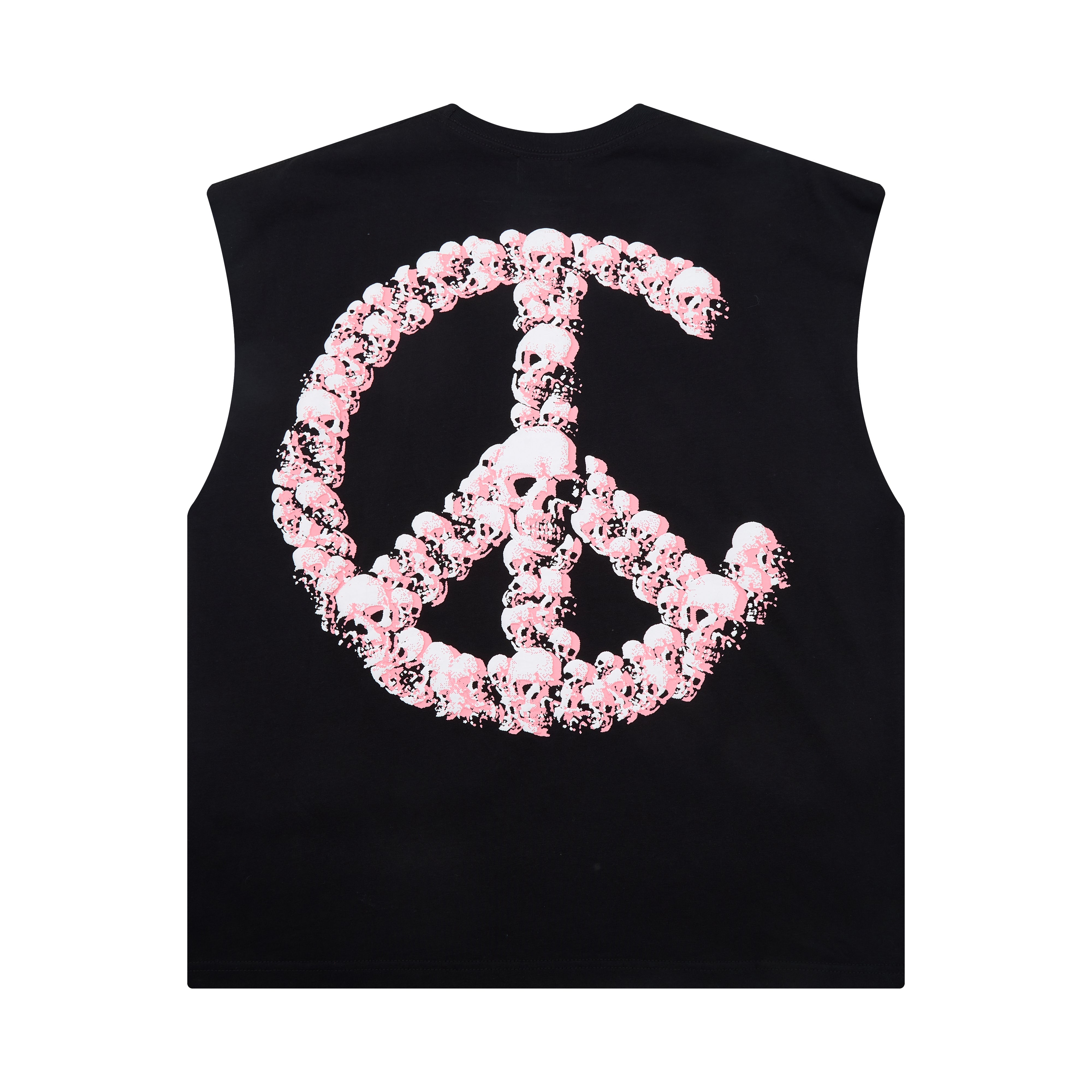 Black sleeveless shirt with pink peace symbol design on a white background
