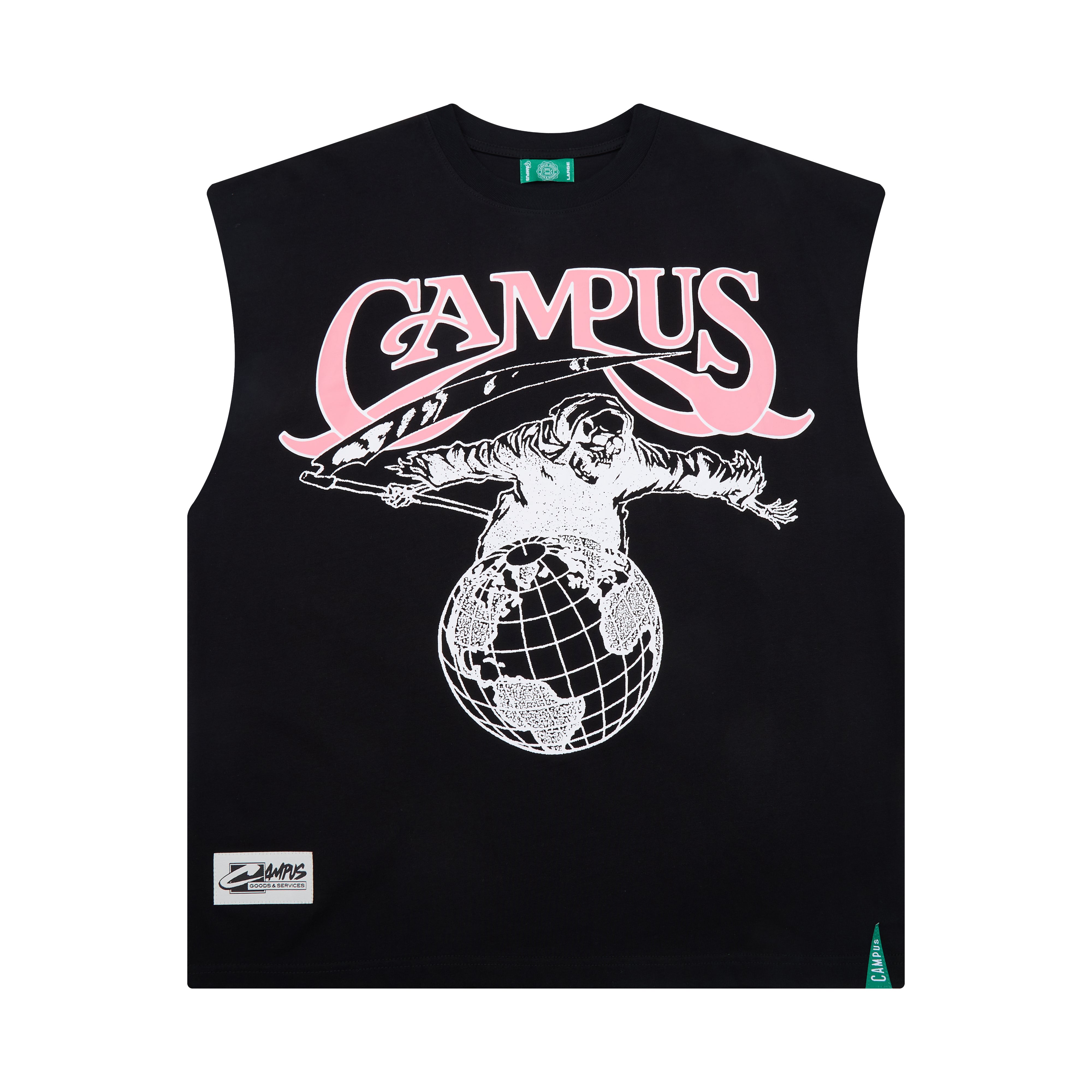 Black sleeveless shirt with 'CAMPUS' text and graphic design on a white background