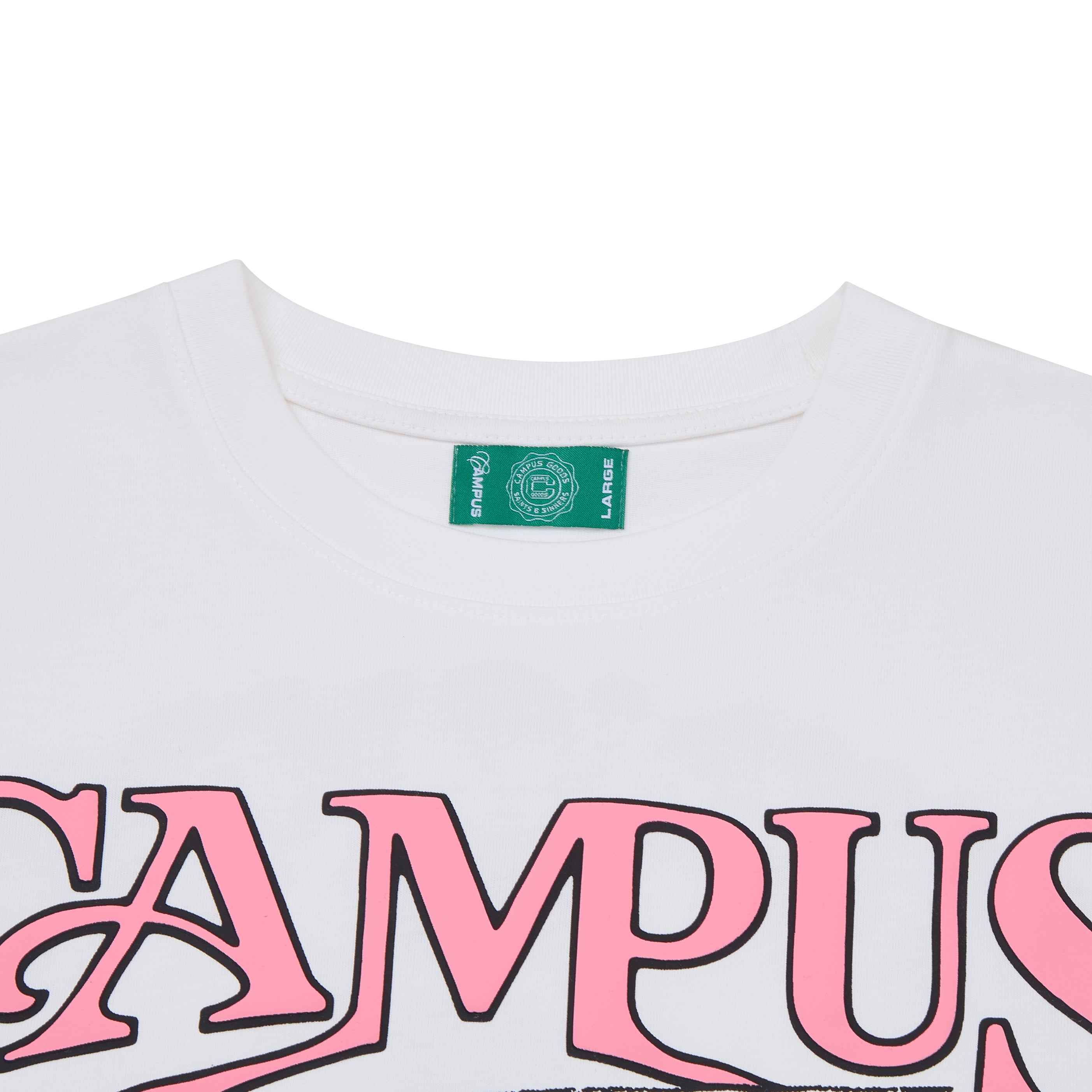 White t-shirt with pink 'CAMPUS' text and a green label on a white background