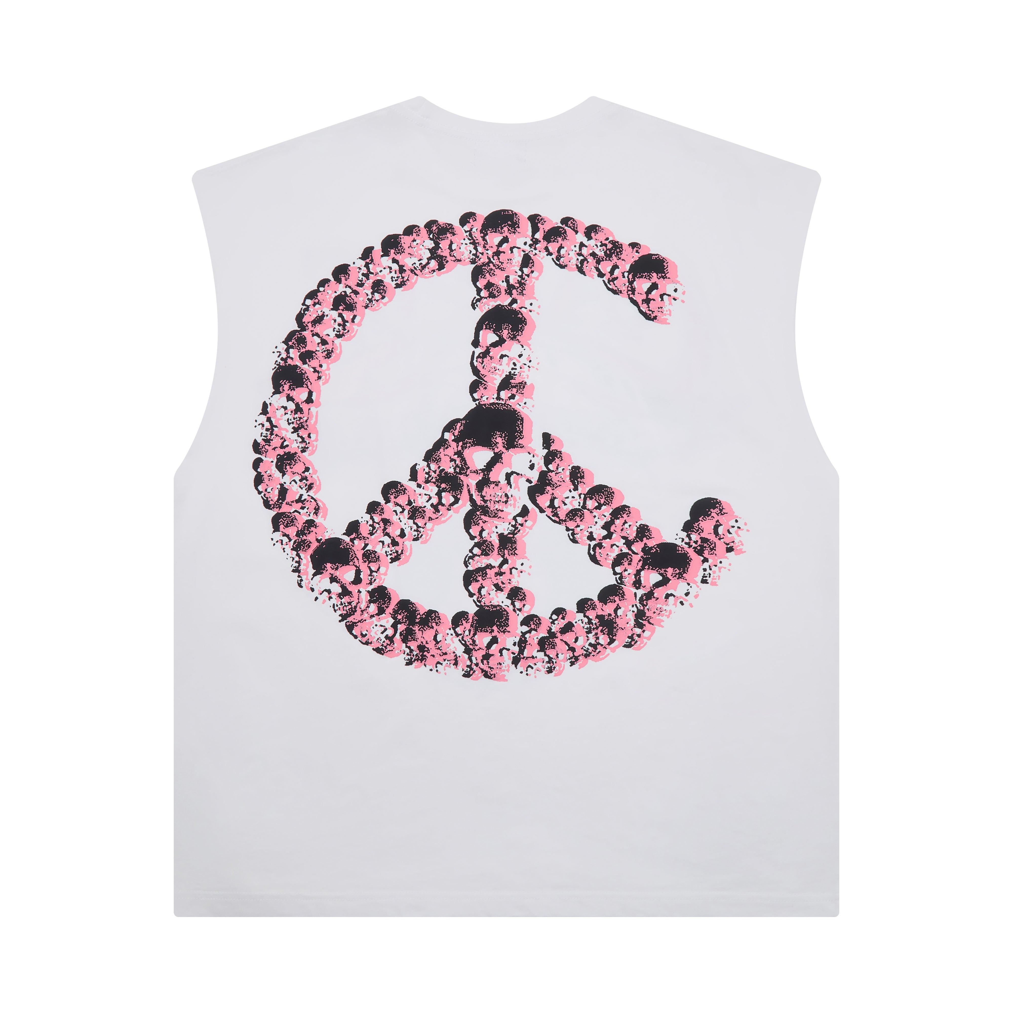 White sleeveless shirt with pink and black skullpeace sign design on a white background