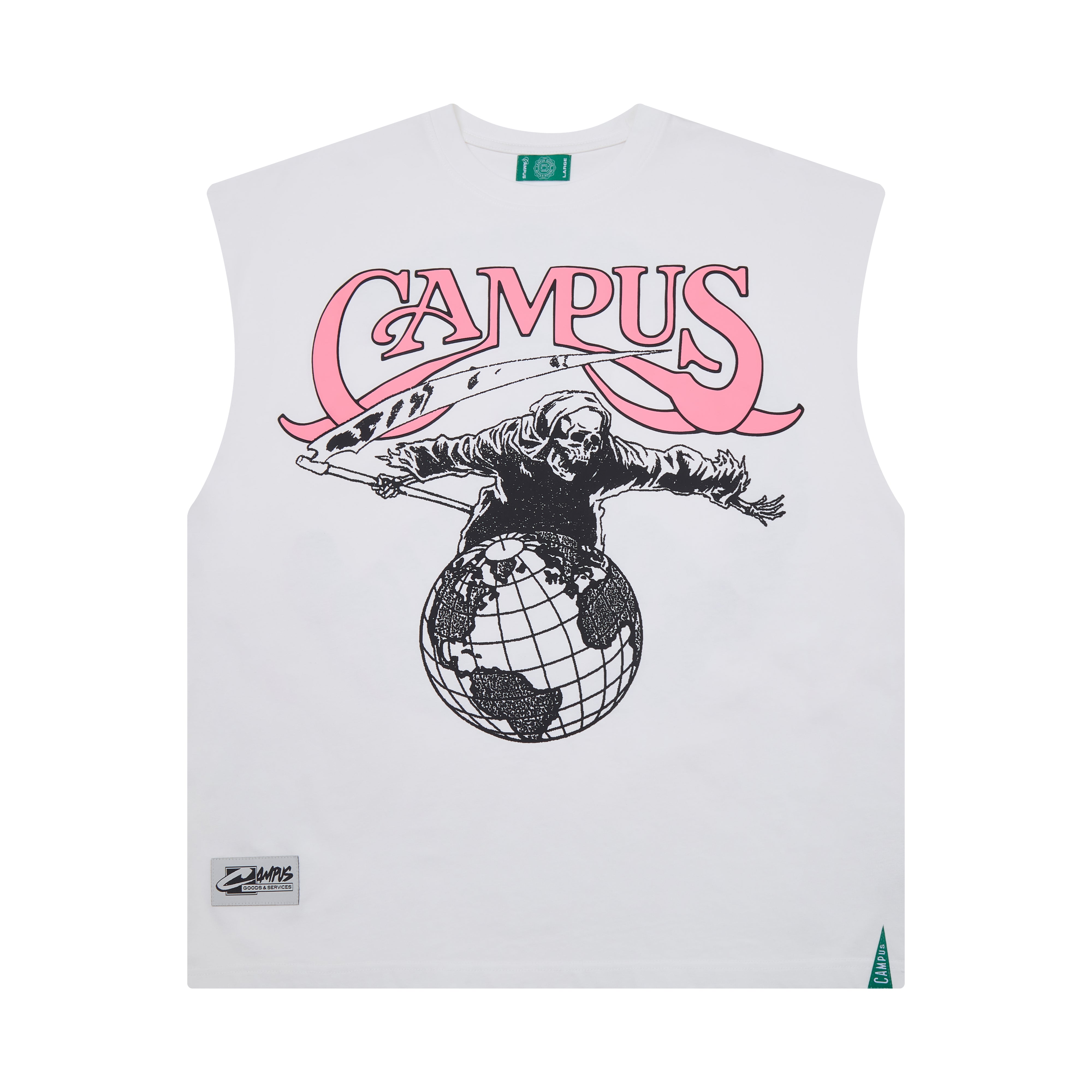White sleeveless shirt with graphic design and 'Campus' text on a white background