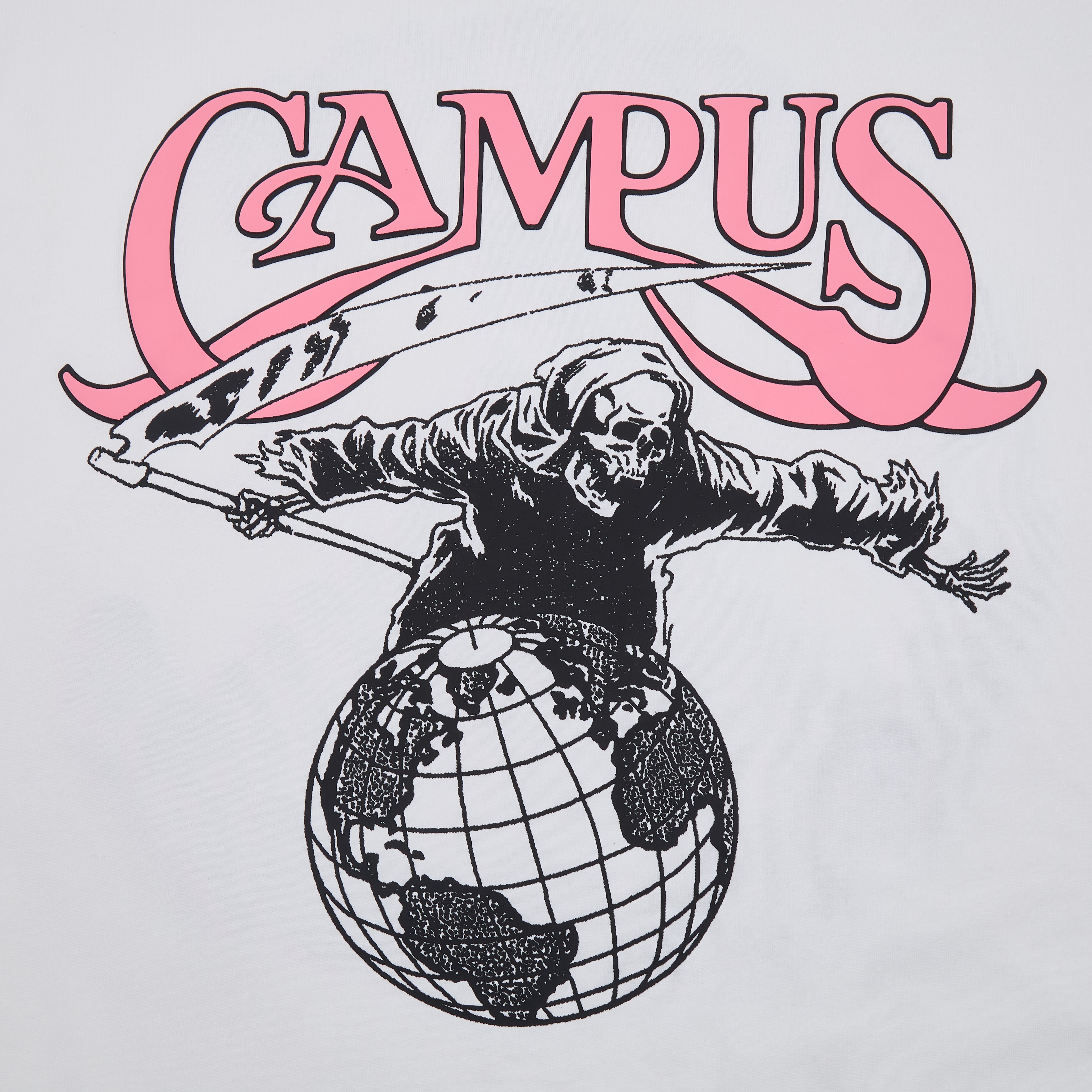 Illustration of a skeleton holding a banner with 'CAMPUS' text, standing on a globe.