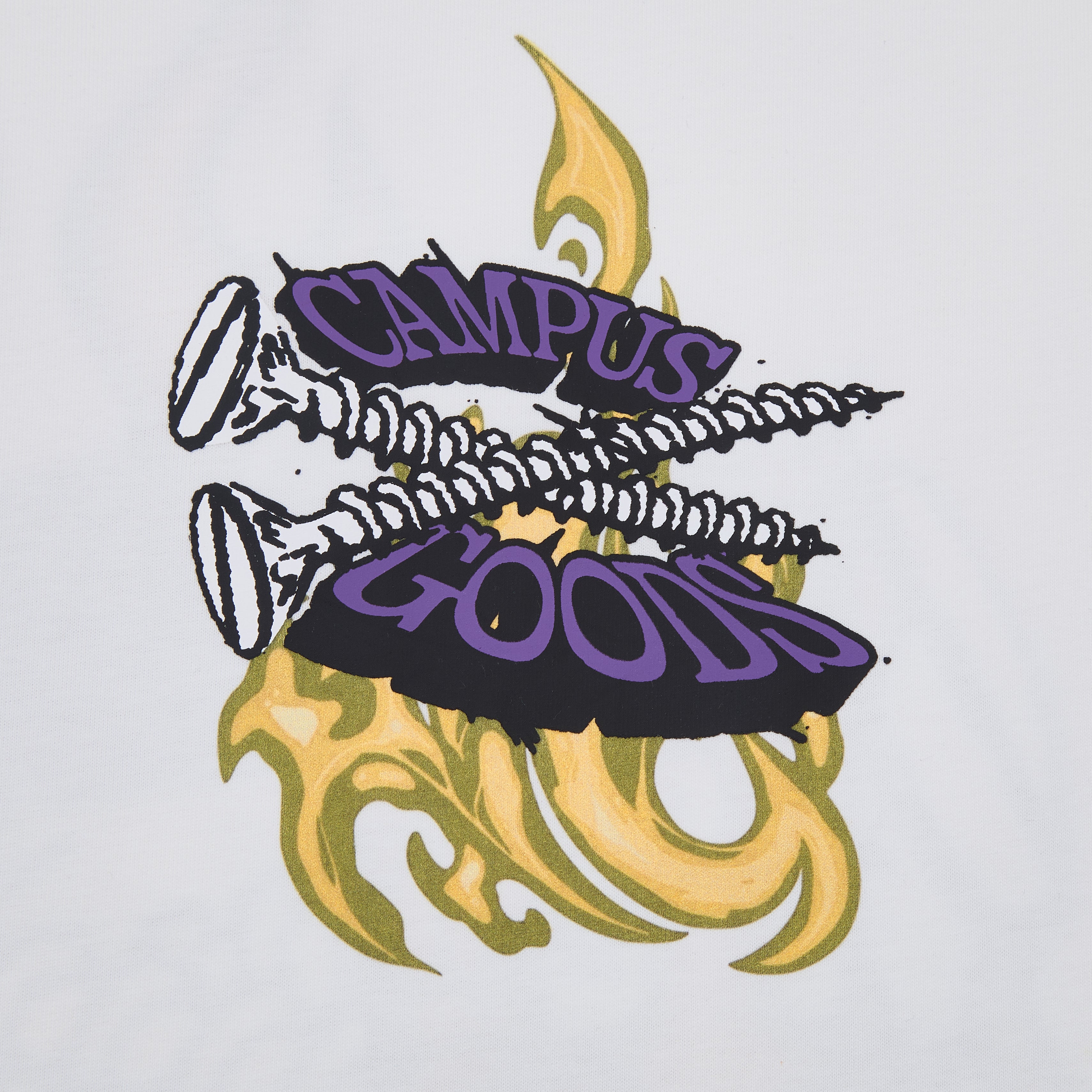 Graphic print with screws and 'Campus Goods' text on a white background
