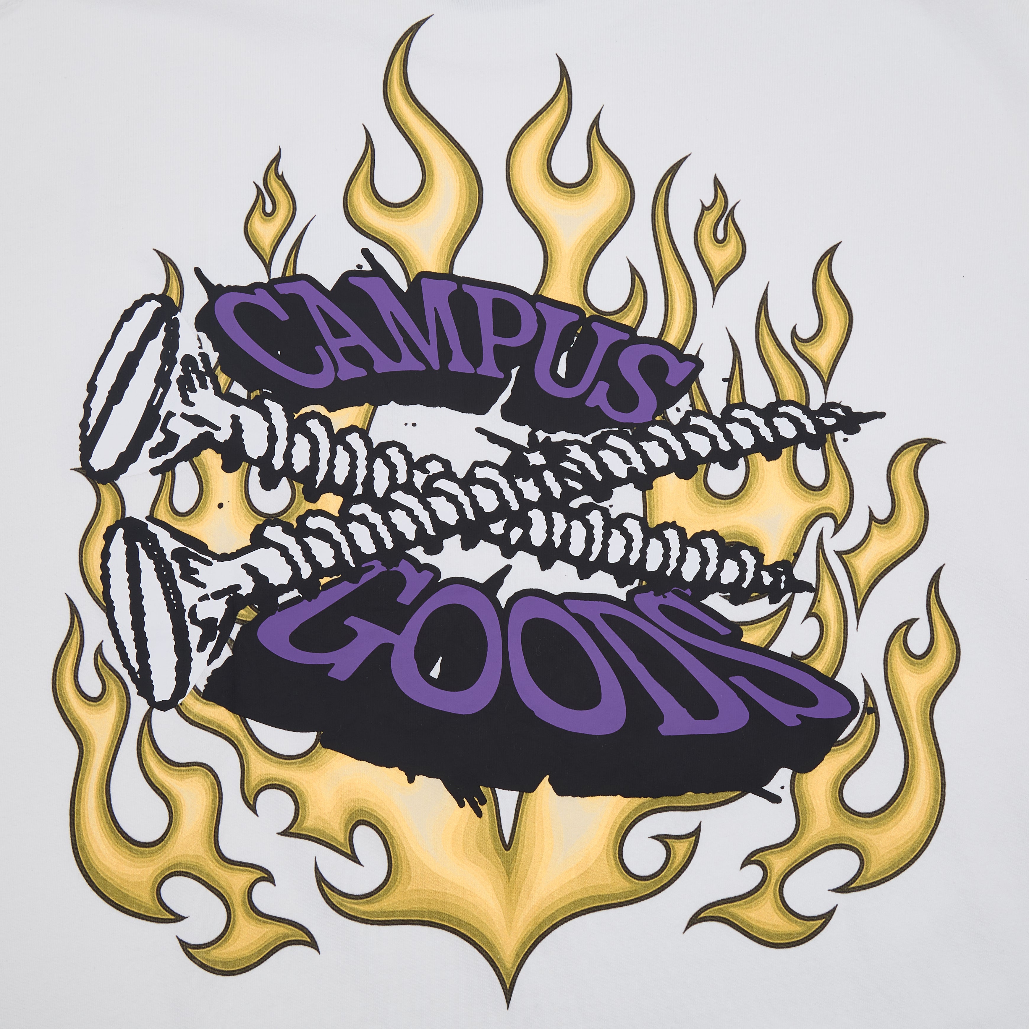 Print with 'CAMPUS GOODS' text surrounded by flames and bones on a light gray background