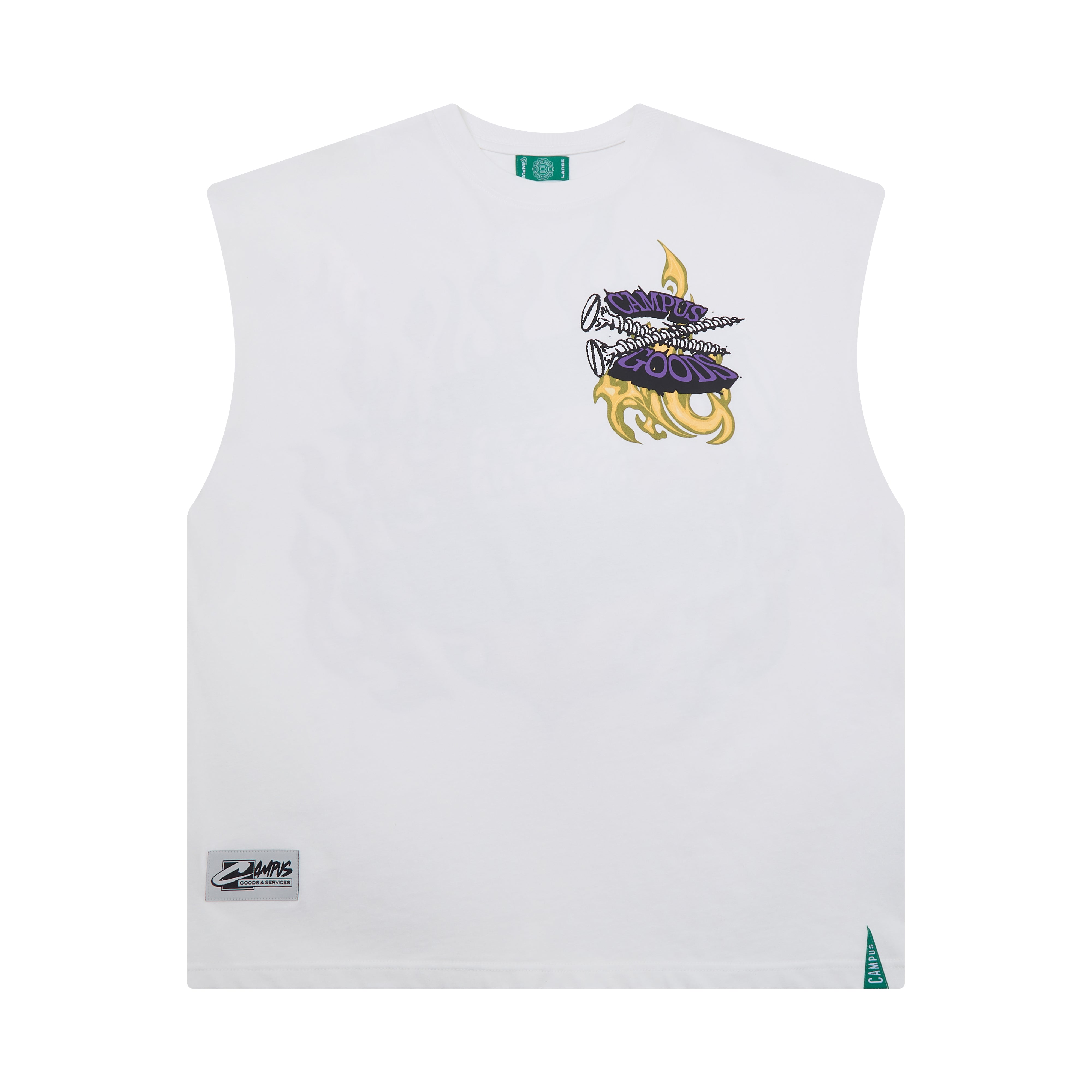 White sleeveless shirt with a colorful graphic design on a white background
