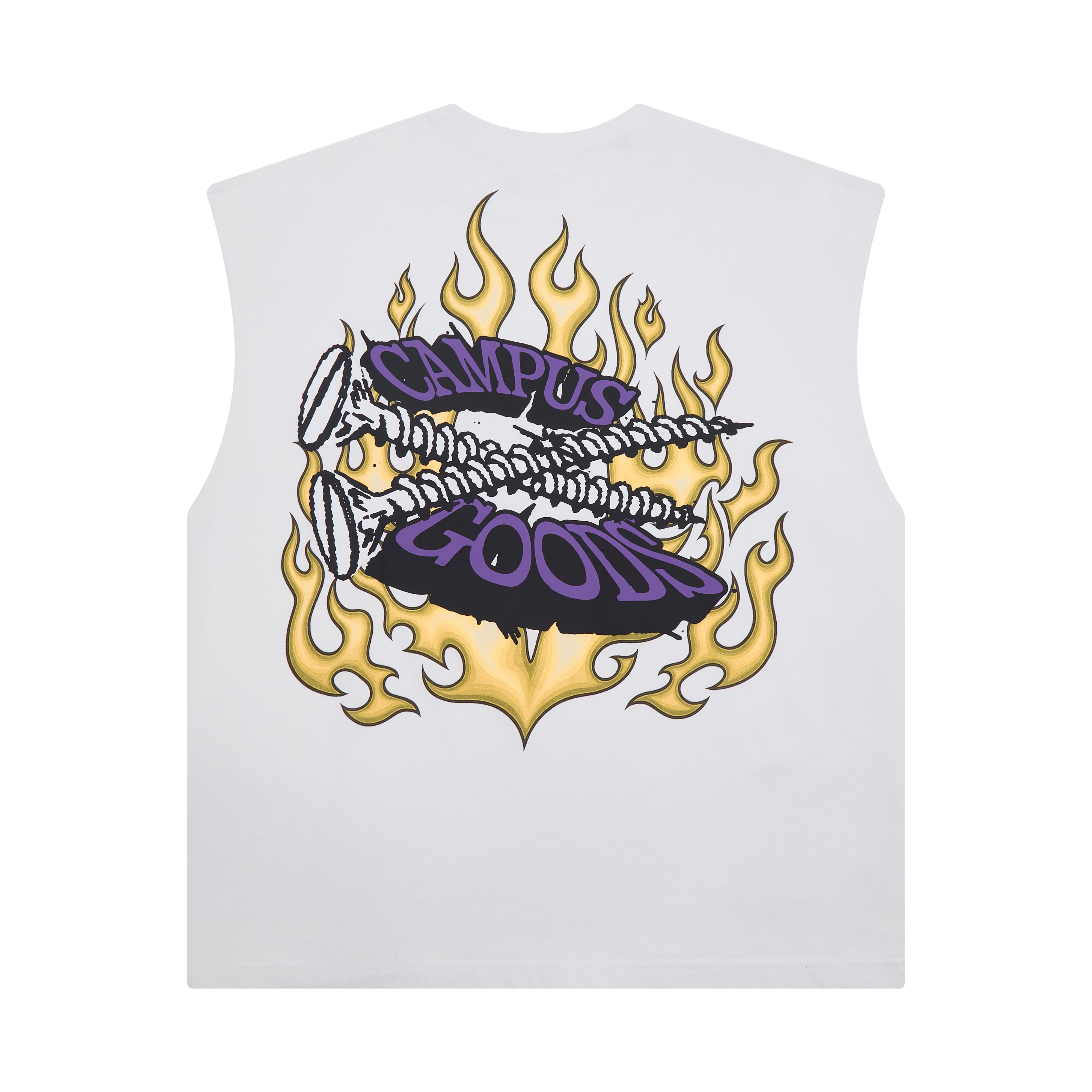White sleeveless shirt with 'Campus Good' graphic design on a white background