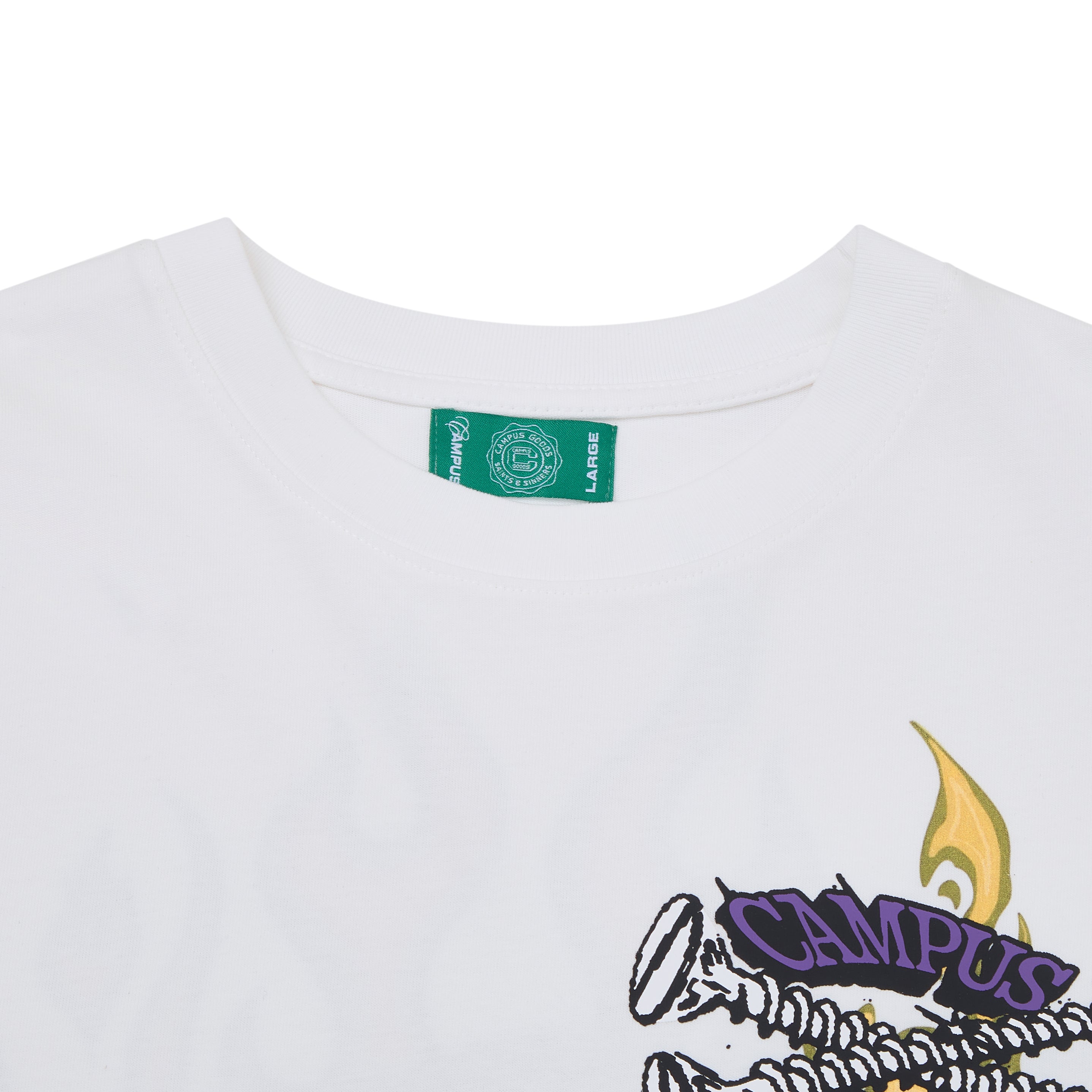 White t-shirt with 'Campus Goods' graphic design and a green tag on a white background