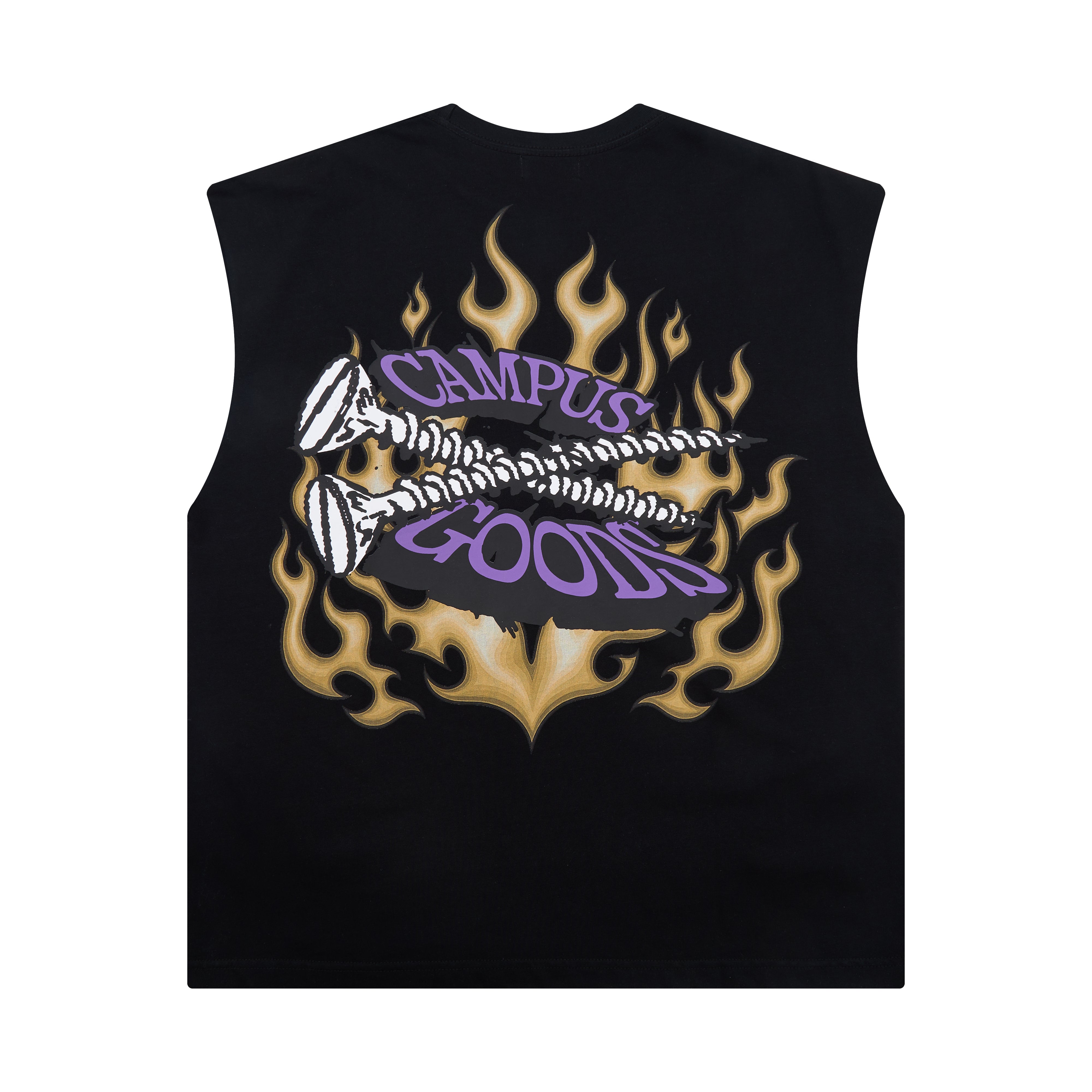Black sleeveless shirt with flames and 'Campus Goods' text on a white background