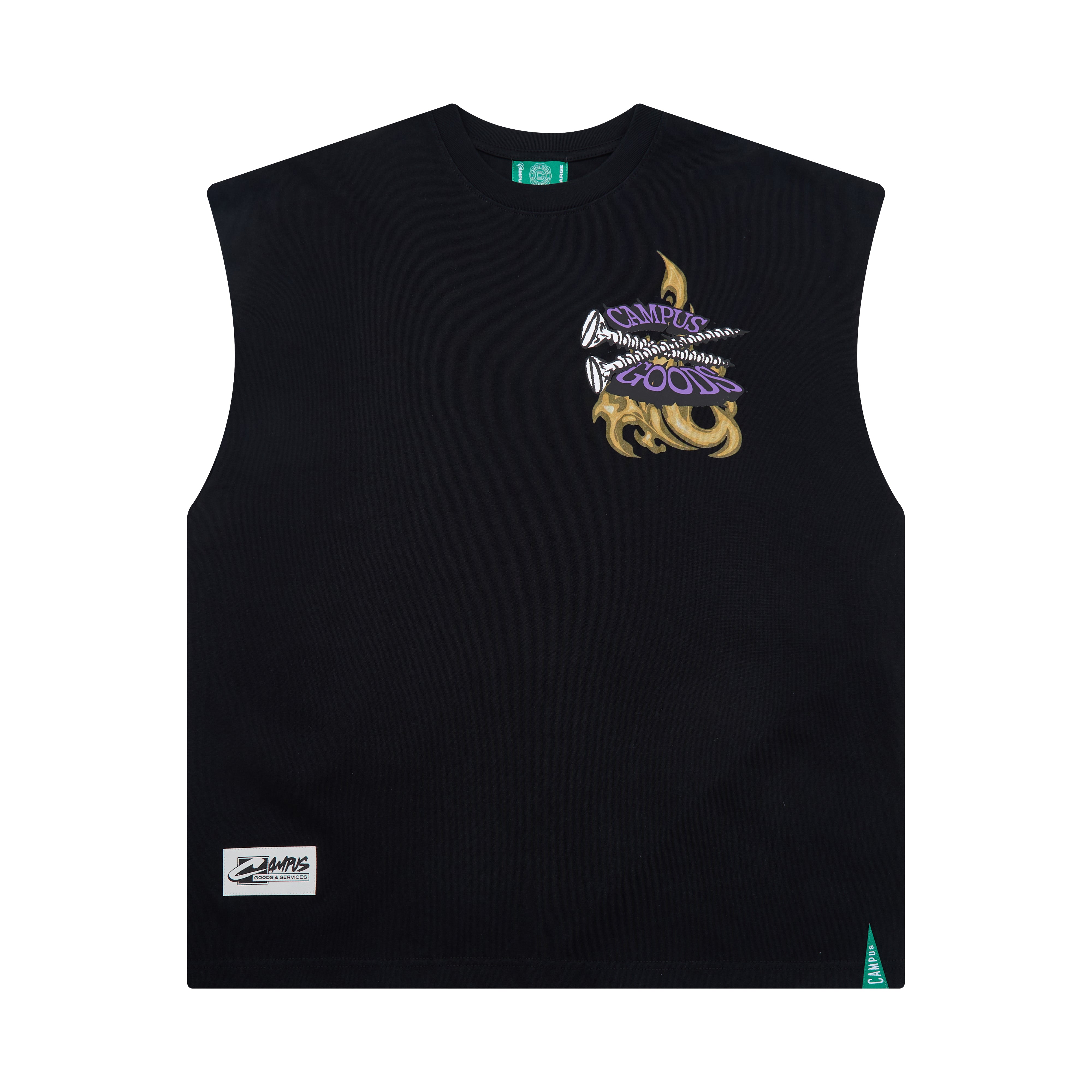 Black sleeveless shirt with a colorful graphic design on a white background