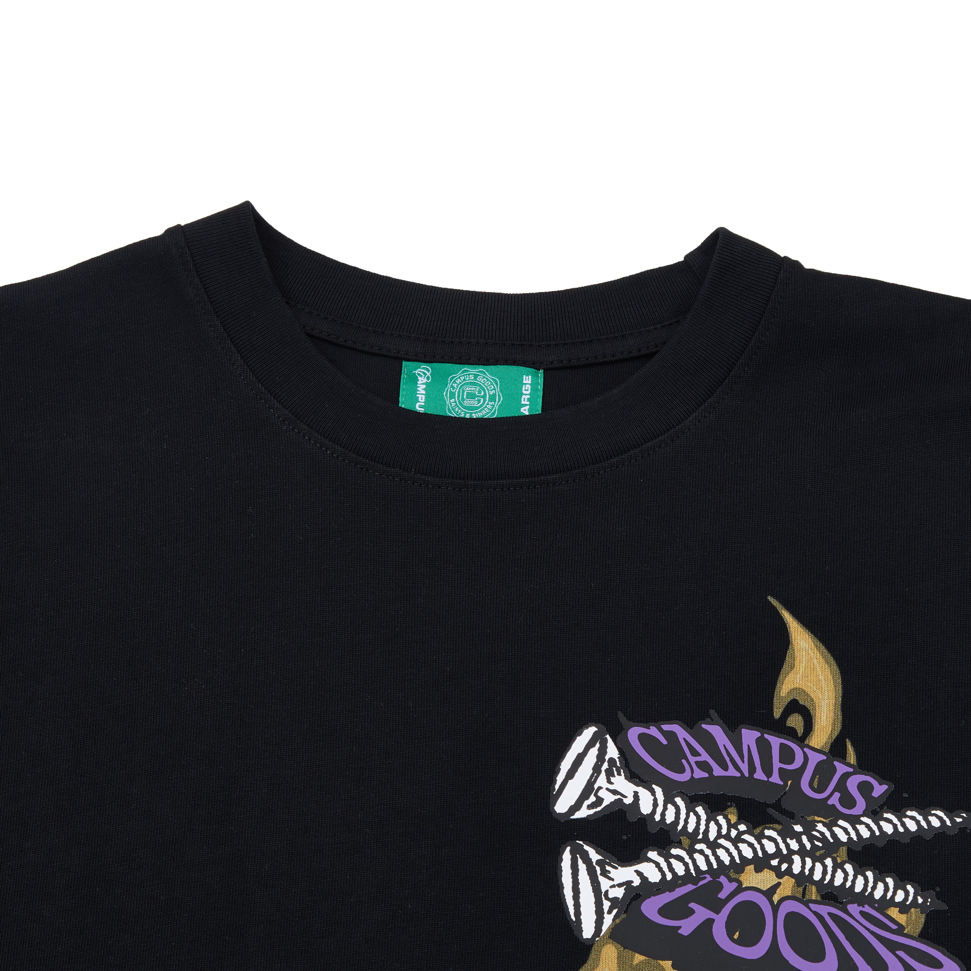 Black t-shirt with colorful graphics and 'Campus Good' text on a white background