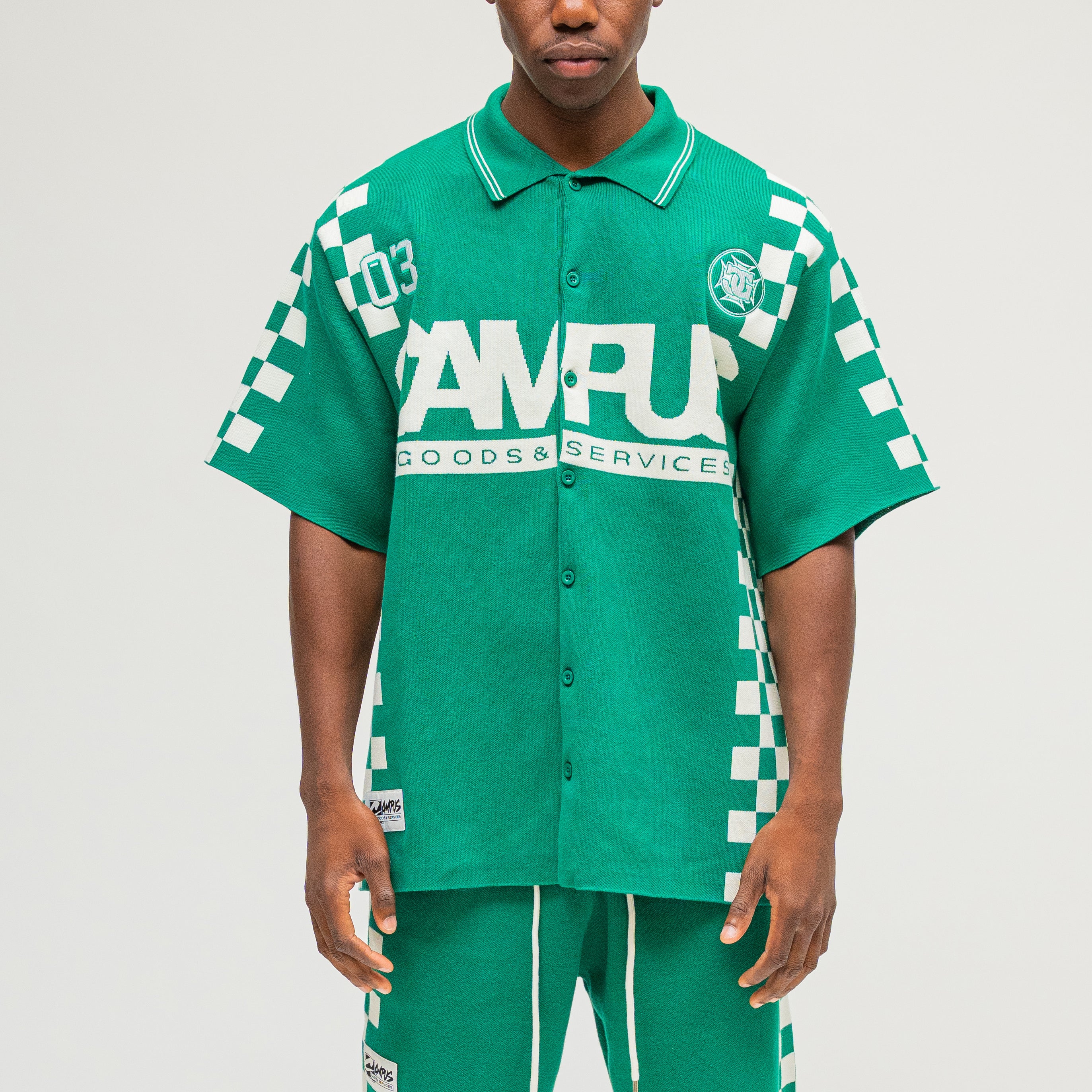 CAMPUS GOODS LA Checkered Jacquard Shirt in Green, front view