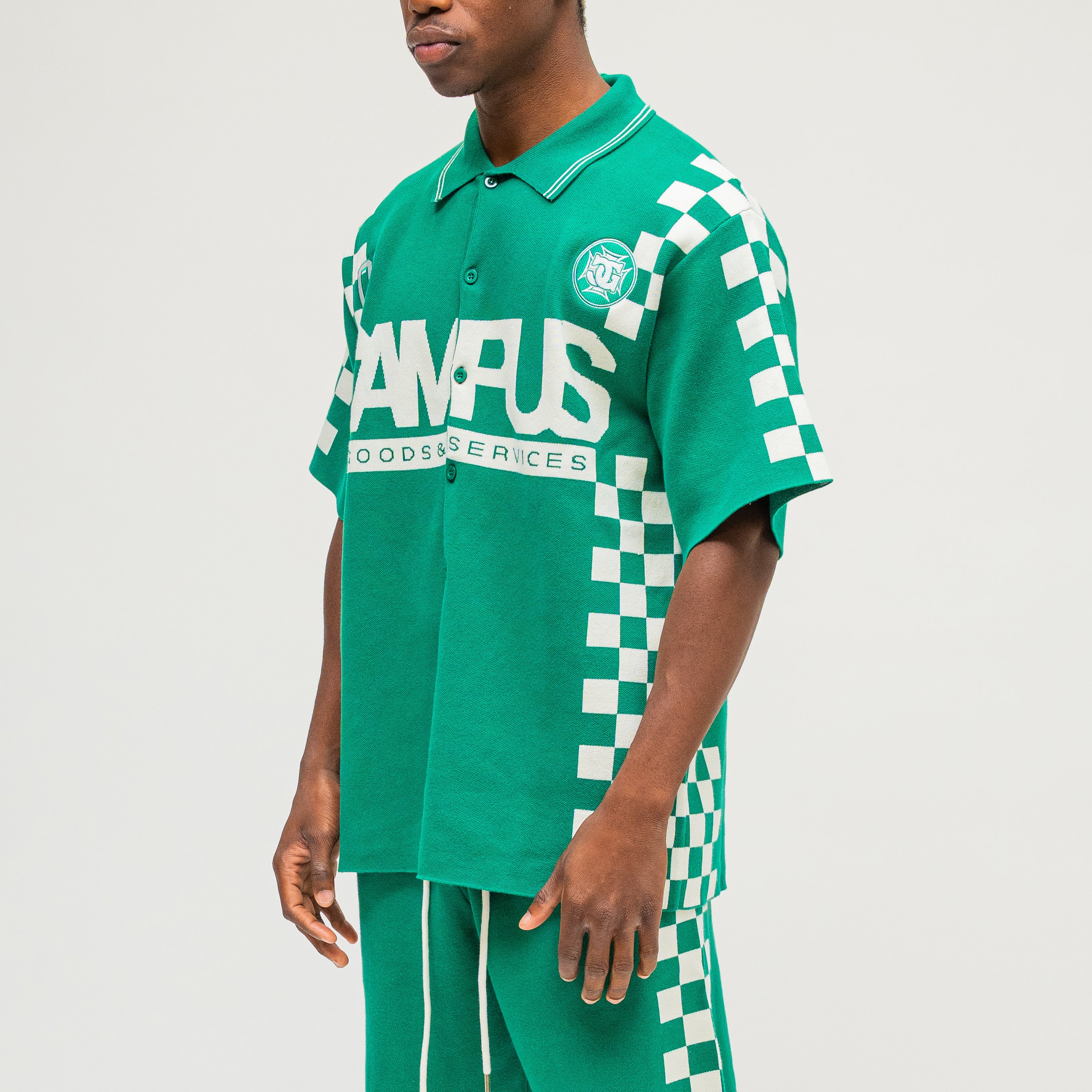 CAMPUS GOODS LA Checkered Jacquard Shirt in Green, three-quarter front view