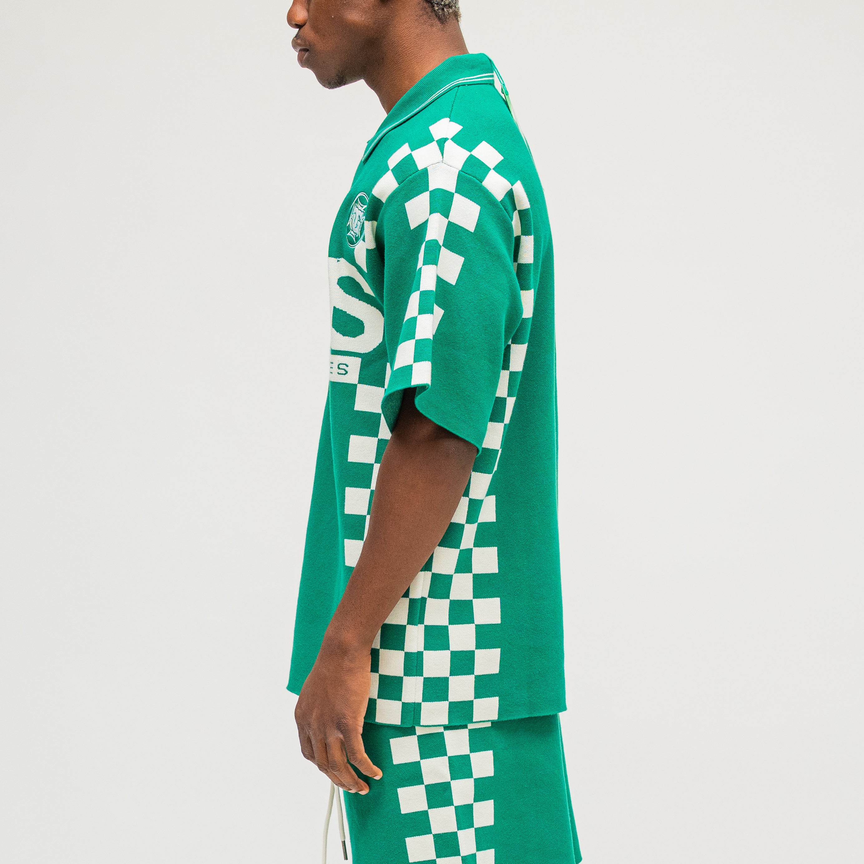 CAMPUS GOODS LA Checkered Jacquard Shirt in Green, side view, checkerboard panel detail