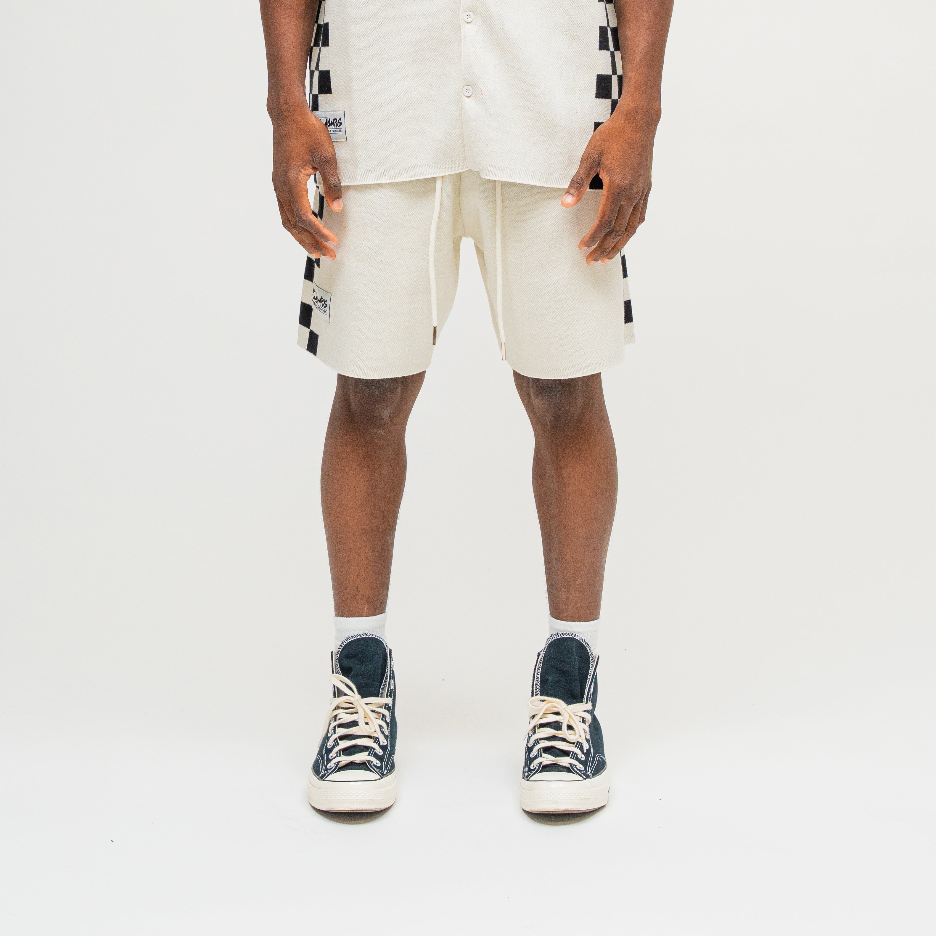 CAMPUS GOODS LA Checkered Jacquard Short in Cream, front view