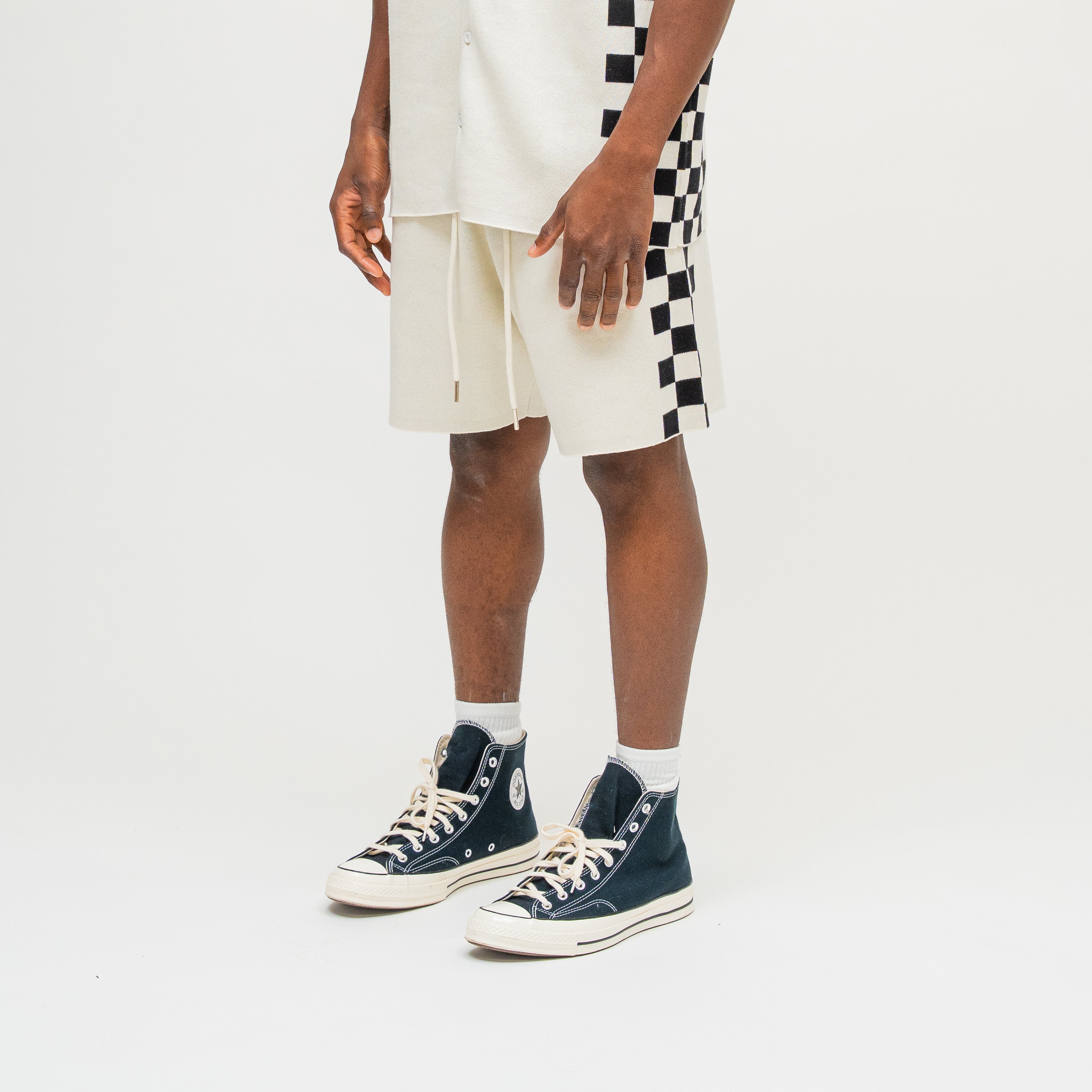 CAMPUS GOODS LA Checkered Jacquard Short in Cream, three-quarter front view, drawstring waist detail