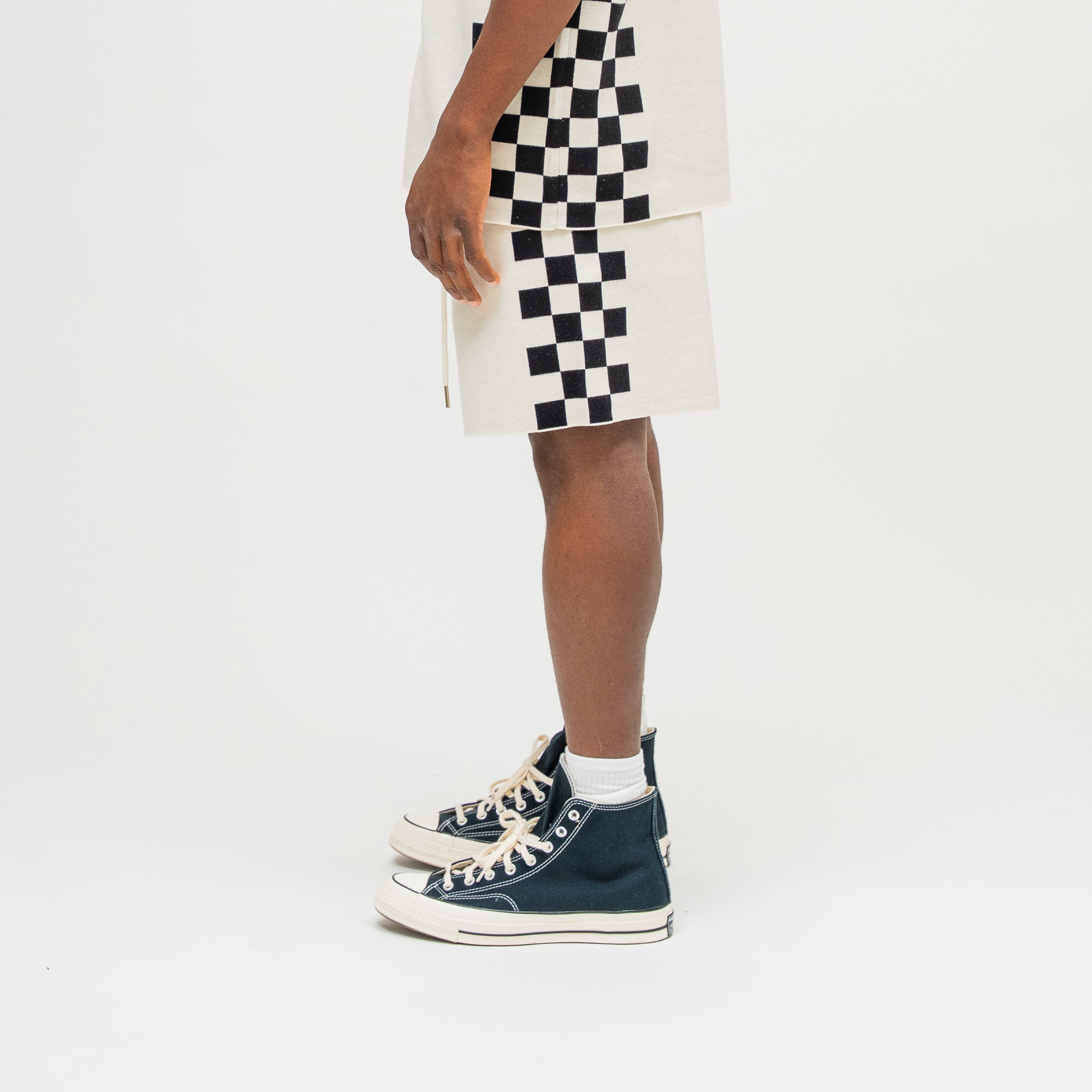 CAMPUS GOODS LA Checkered Jacquard Short in Cream, side view, checkerboard panel detail