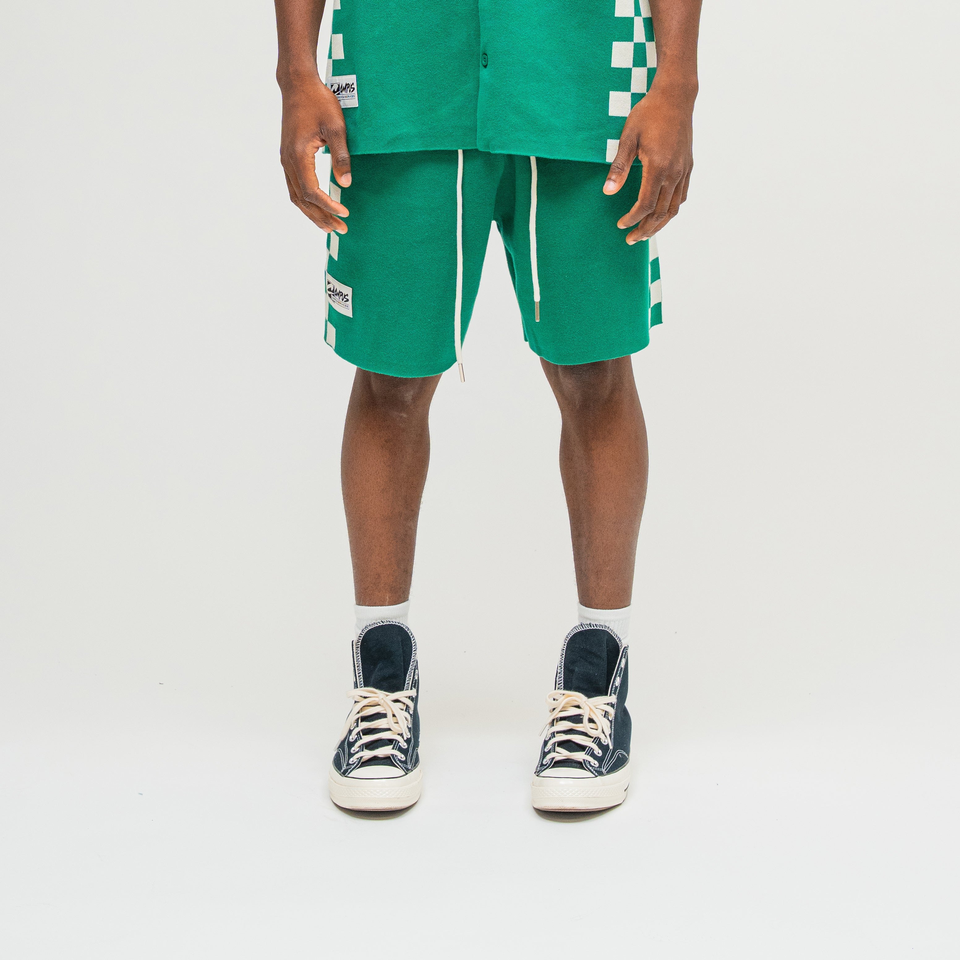 CAMPUS GOODS LA Checkered Jacquard Short in Green, front view, drawstring detail