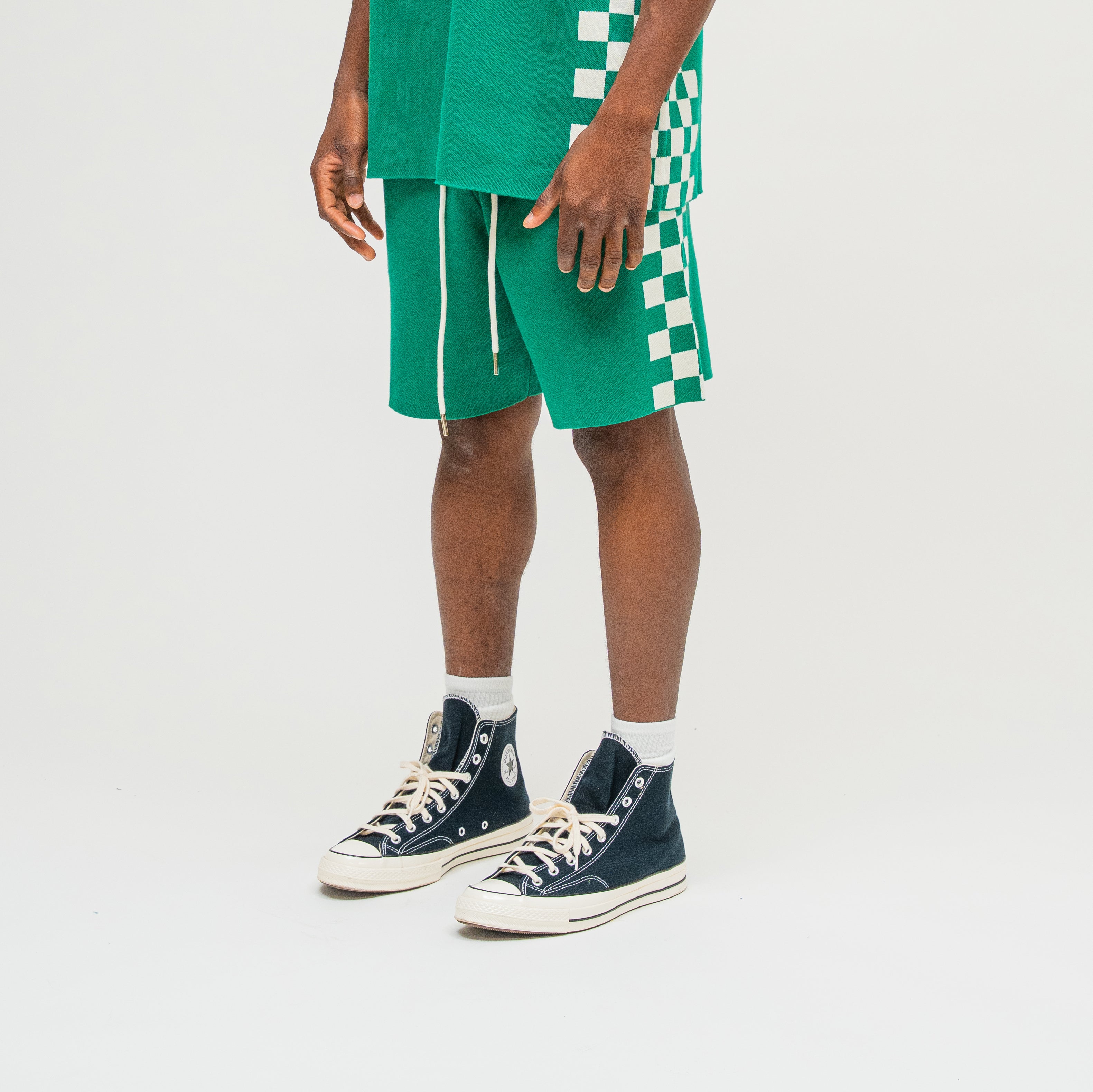 CAMPUS GOODS LA Checkered Jacquard Short in Green, side view, checkerboard panel detail