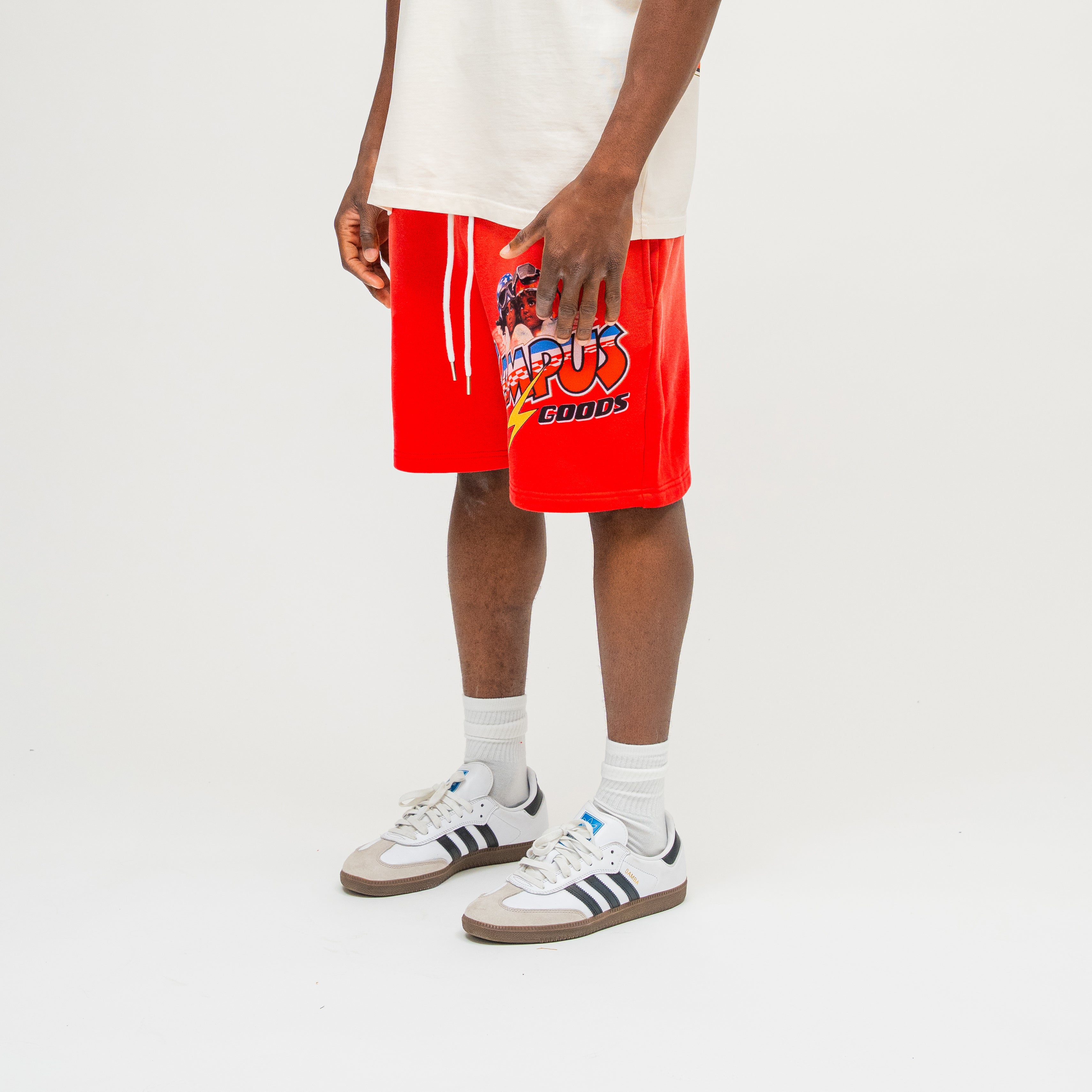 Checkpoint Terry Shorts in Sun Fade Red, detail view, Campus Goods graphic print