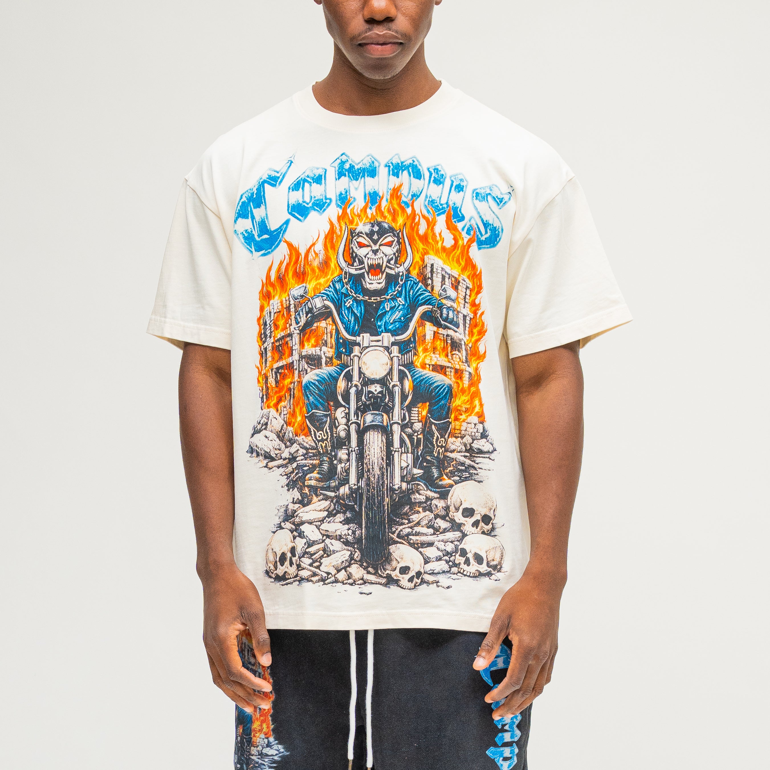 Campus Goods Chopper Tee in Cream - Front graphic with skull-faced biker and flames