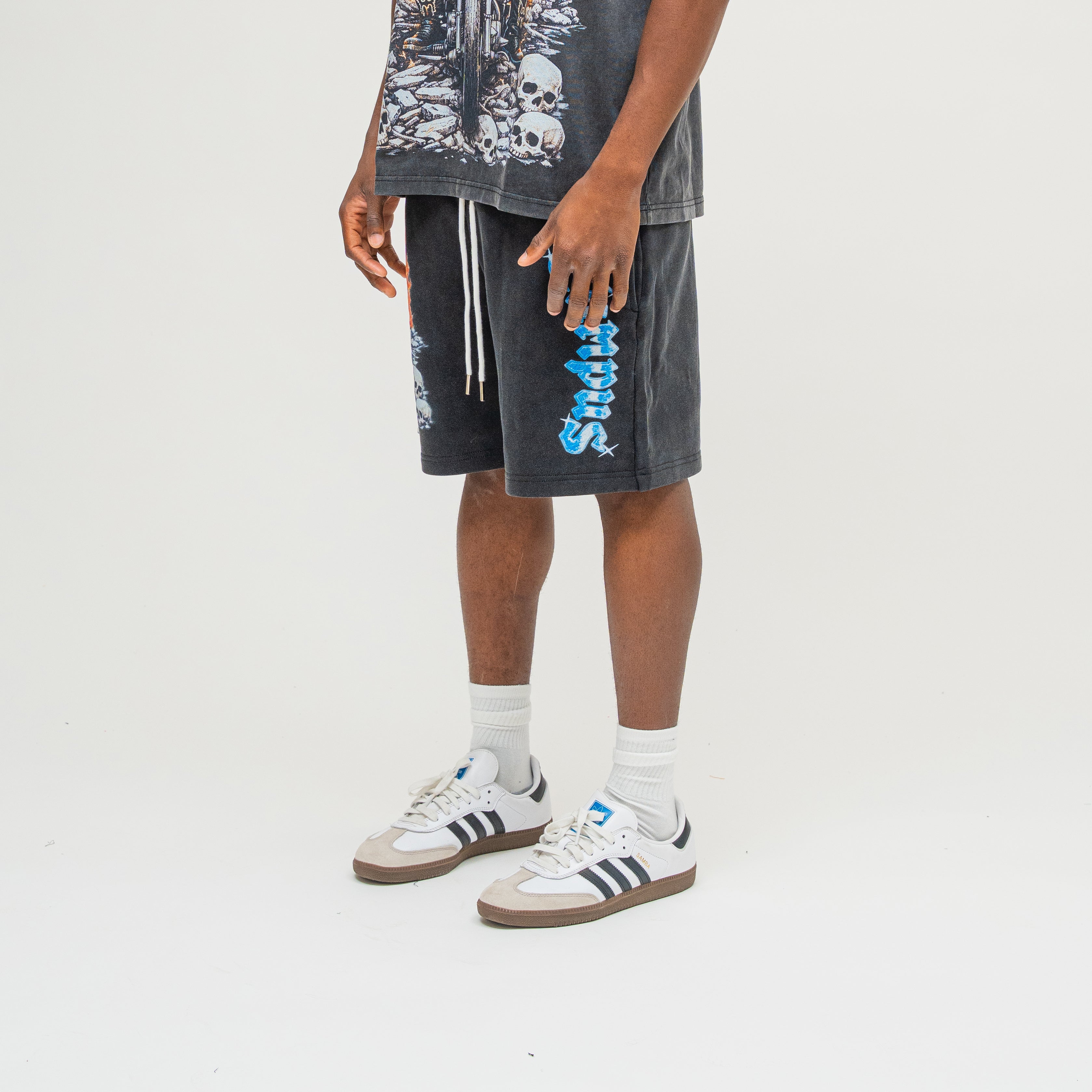 Chopper Terry Shorts in Black, detail view, metallic blue CAMPUS lettering