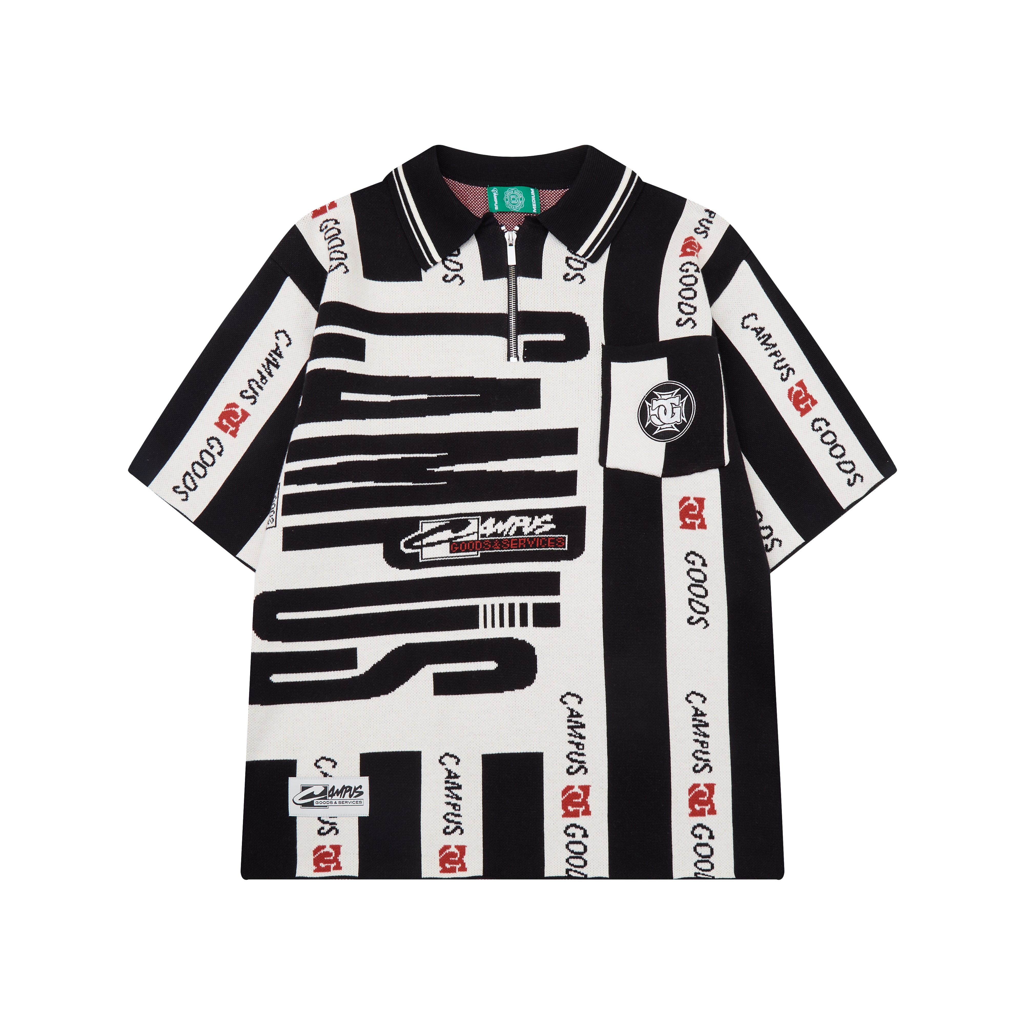 Black and white dress with CAMPUS GOODS Branding on a white background