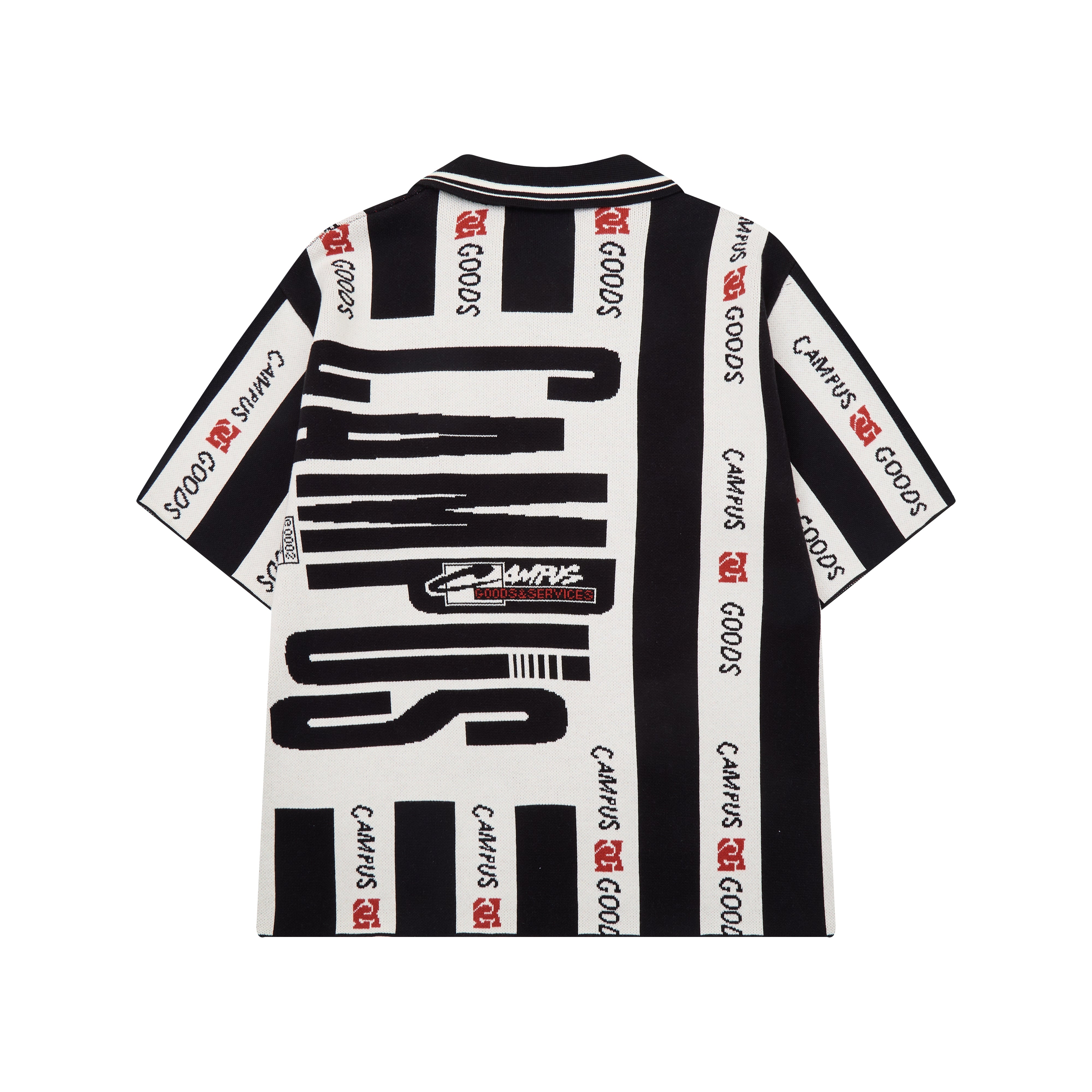 Black and white shirt with CAMPUS GOODS brand logos on a white background